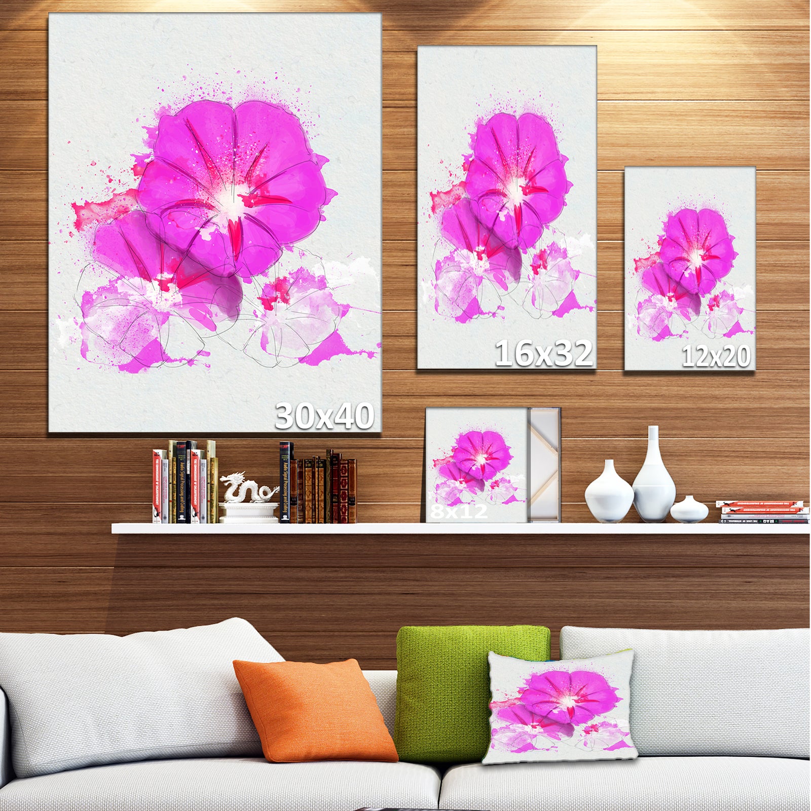 Pink Flowers Sketch with Color Splashes - Extra Large Floral Canvas Art