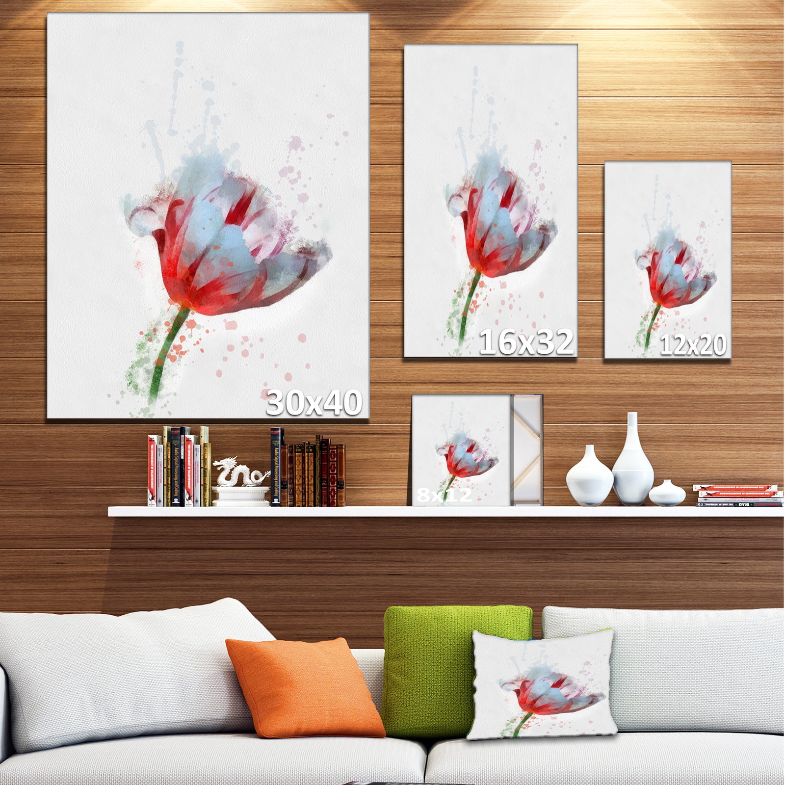 Beautiful Red White Flower Sketch - Extra Large Floral Canvas Art