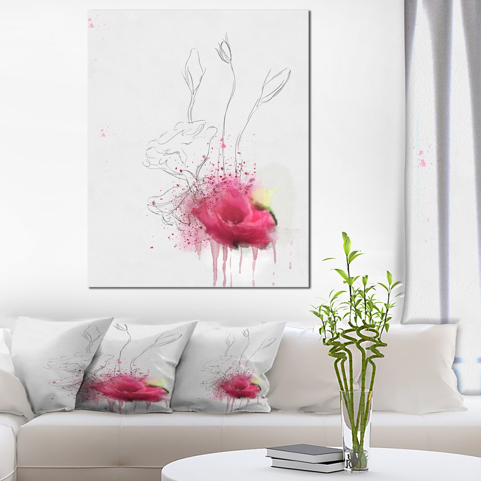 Rose Flowers Sketch with Color Splashes - Extra Large Floral Canvas Art
