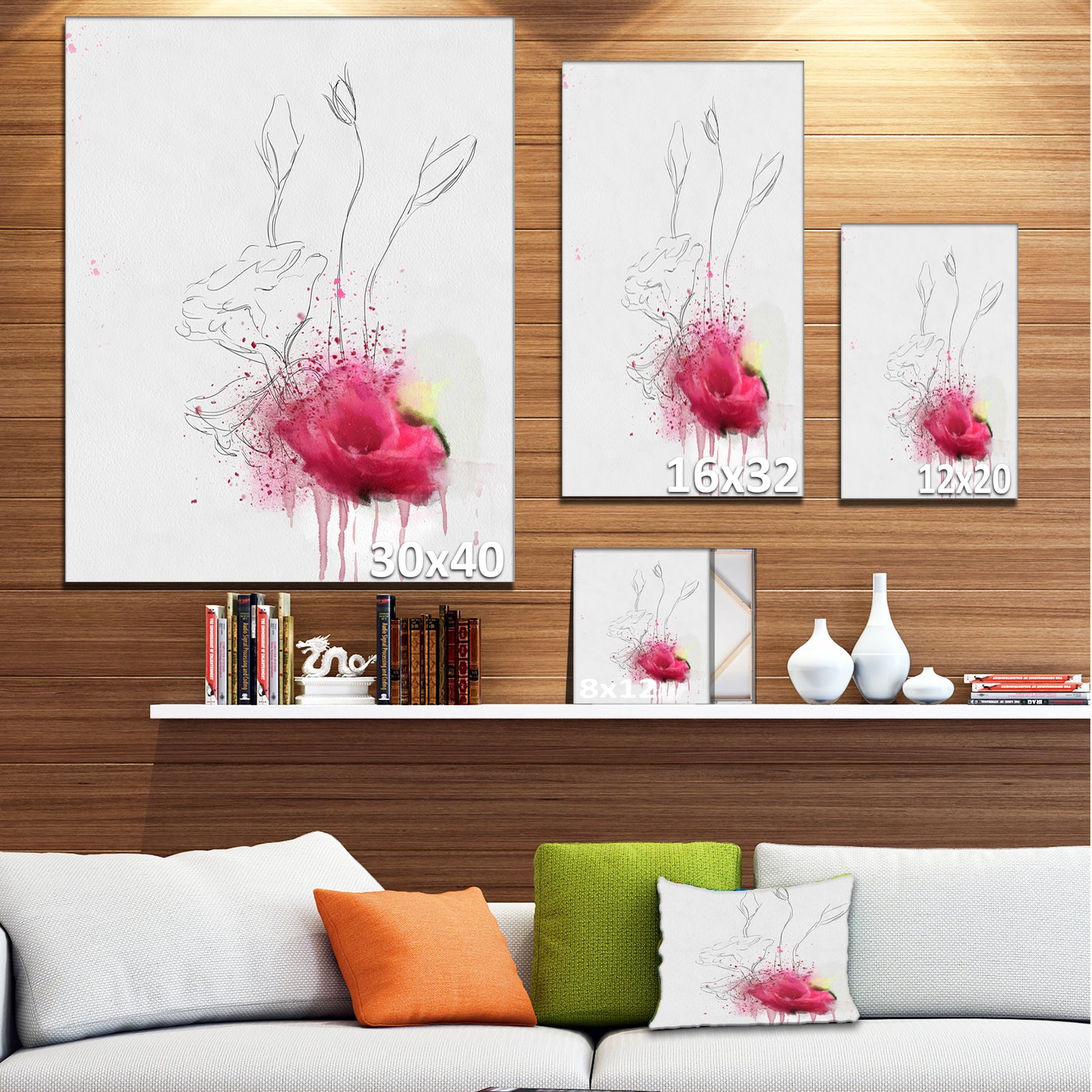 Rose Flowers Sketch with Color Splashes - Extra Large Floral Canvas Art