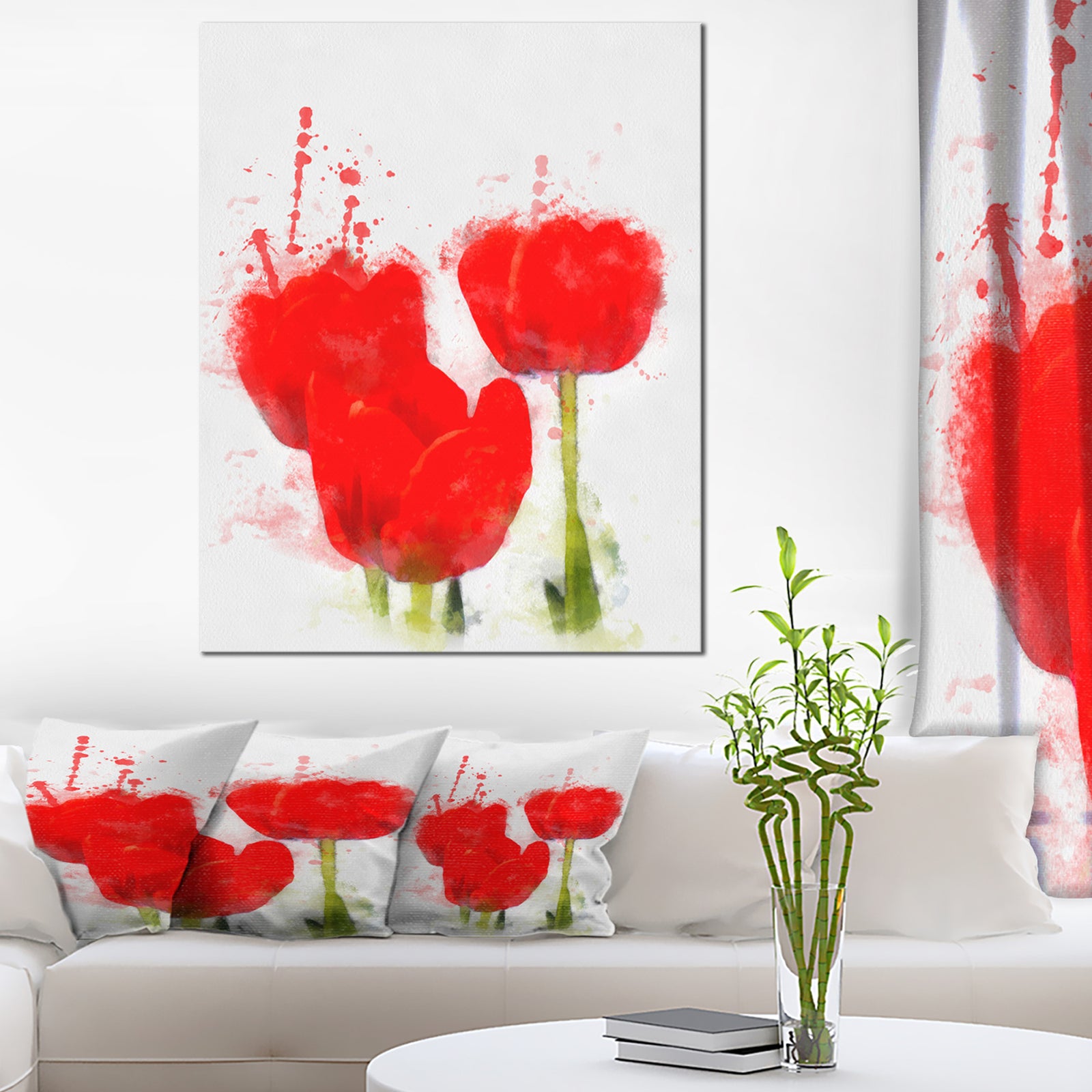Bright Red Tulip Flowers with Splashes - Extra Large Floral Canvas Art
