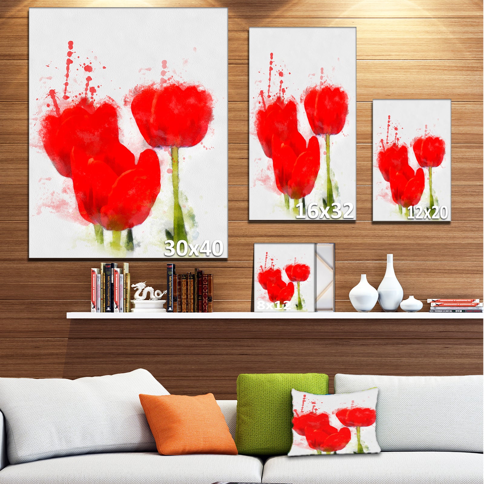 Bright Red Tulip Flowers with Splashes - Extra Large Floral Canvas Art