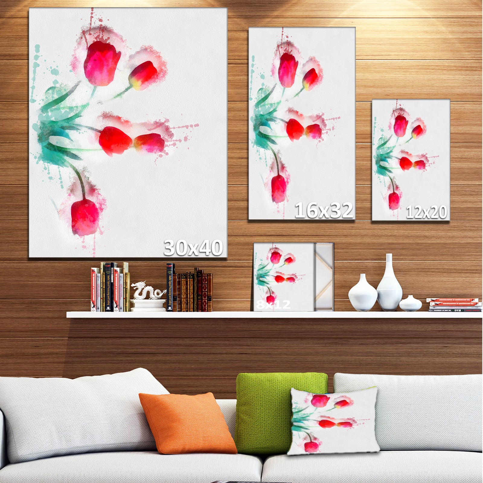 Bunch of Red Tulips Watercolor - Extra Large Floral Canvas Art