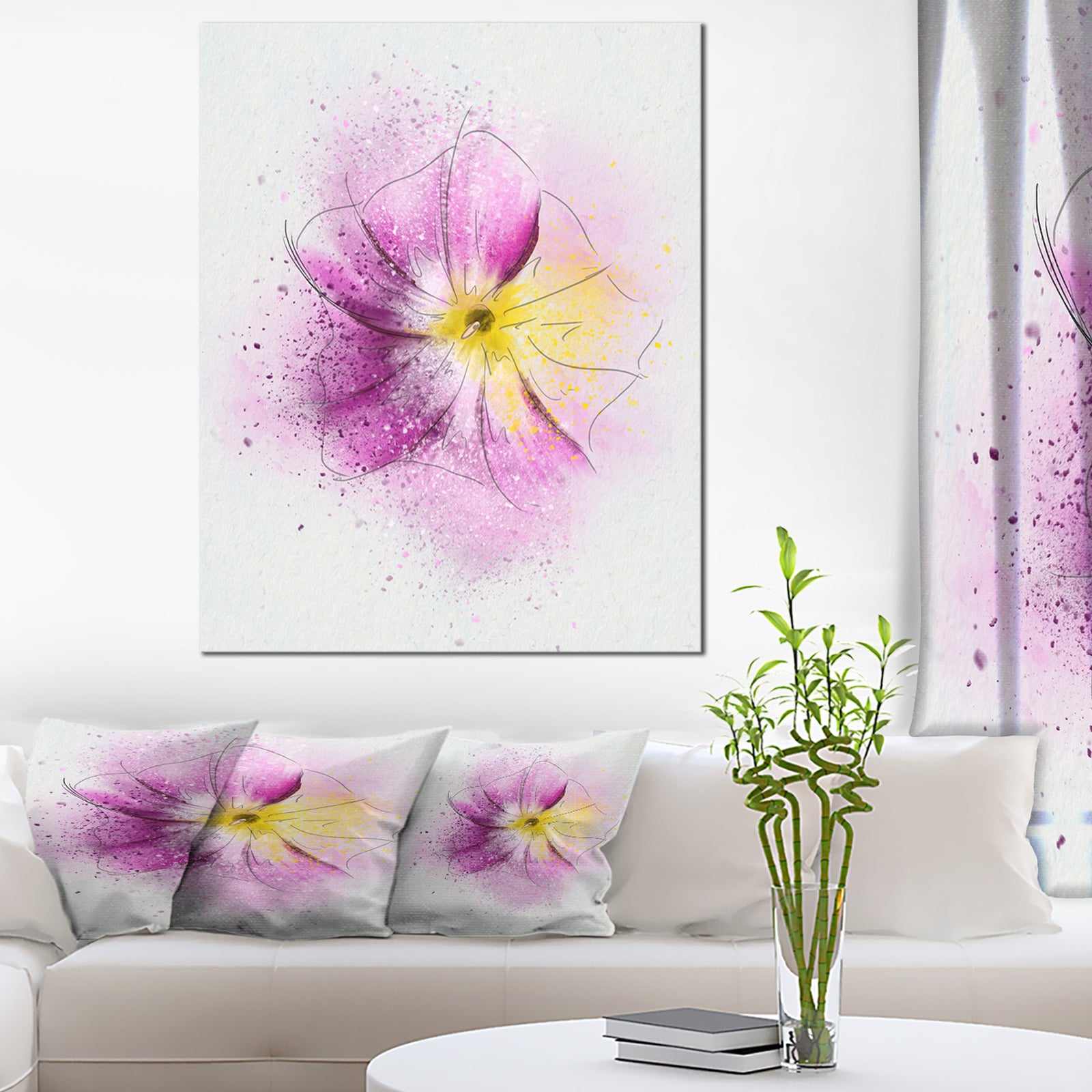 Purple Flower Sketch with Splashes - Extra Large Floral Canvas Art