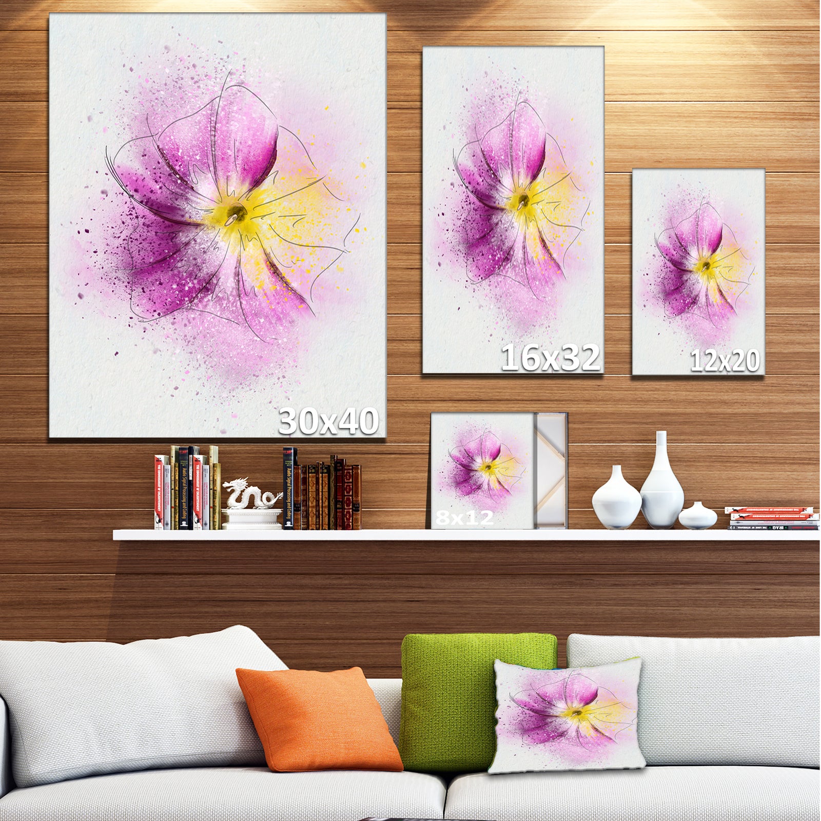Purple Flower Sketch with Splashes - Extra Large Floral Canvas Art
