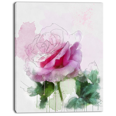 Pink Rose Sketch with Green Leaves - Extra Large Floral Canvas Art