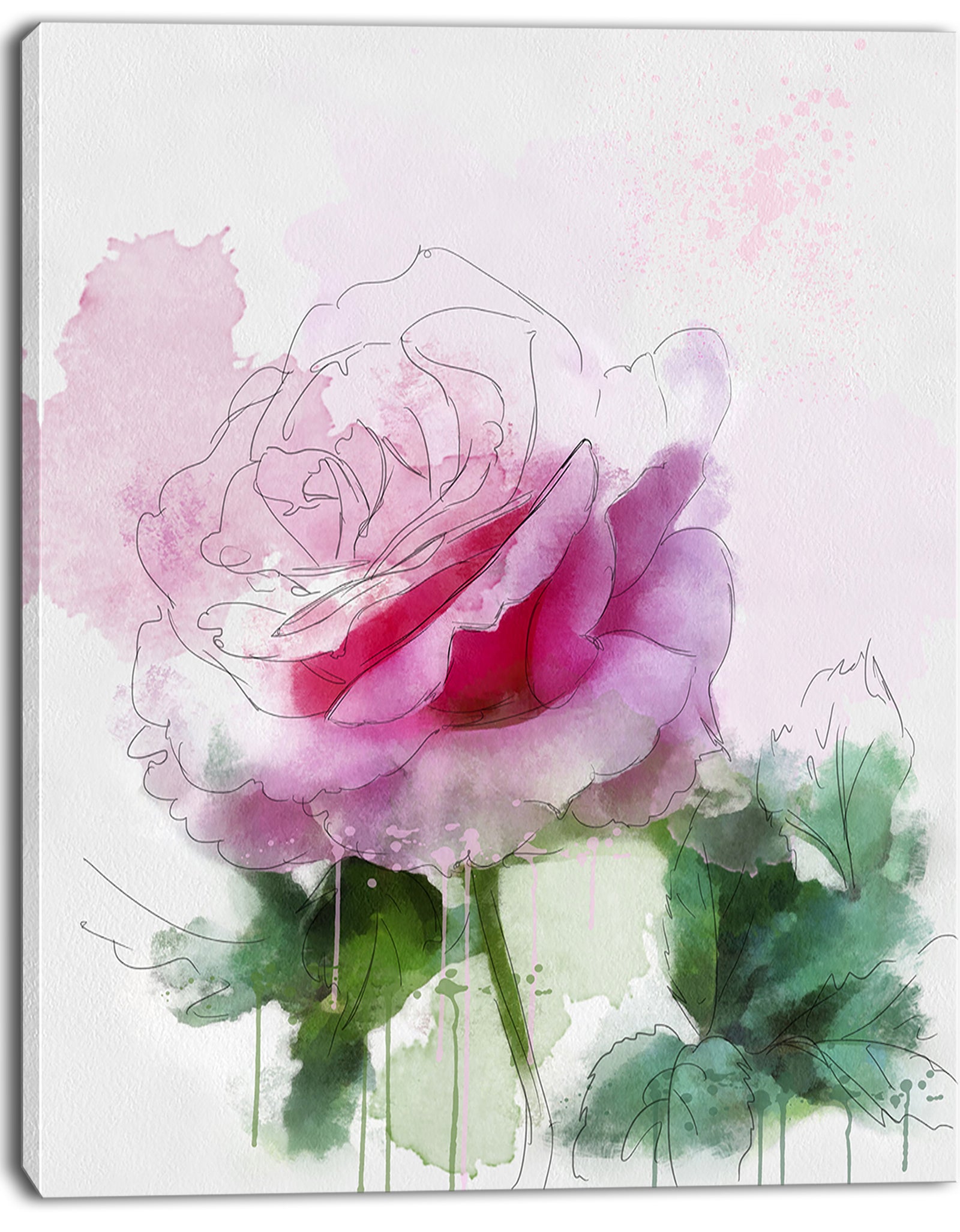Pink Rose Sketch with Green Leaves - Extra Large Floral Canvas Art