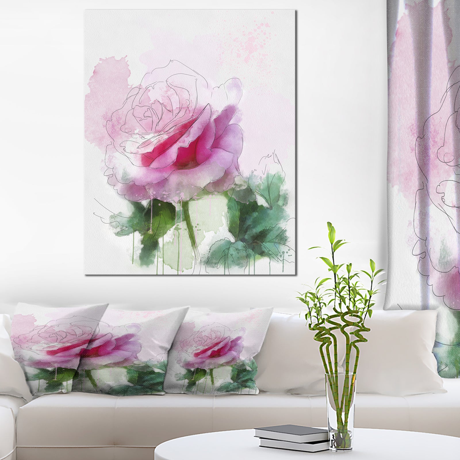 Pink Rose Sketch with Green Leaves - Extra Large Floral Canvas Art