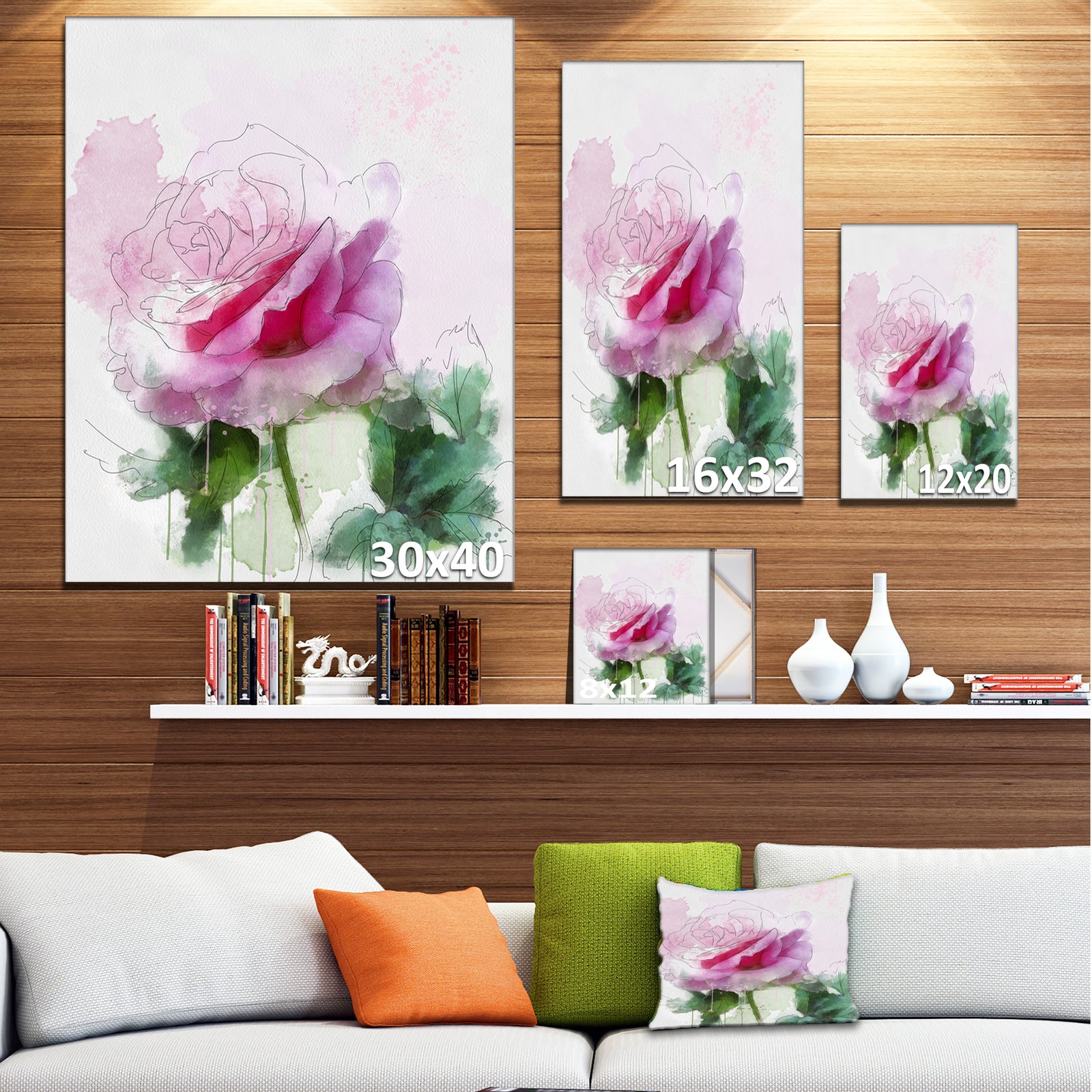 Pink Rose Sketch with Green Leaves - Extra Large Floral Canvas Art