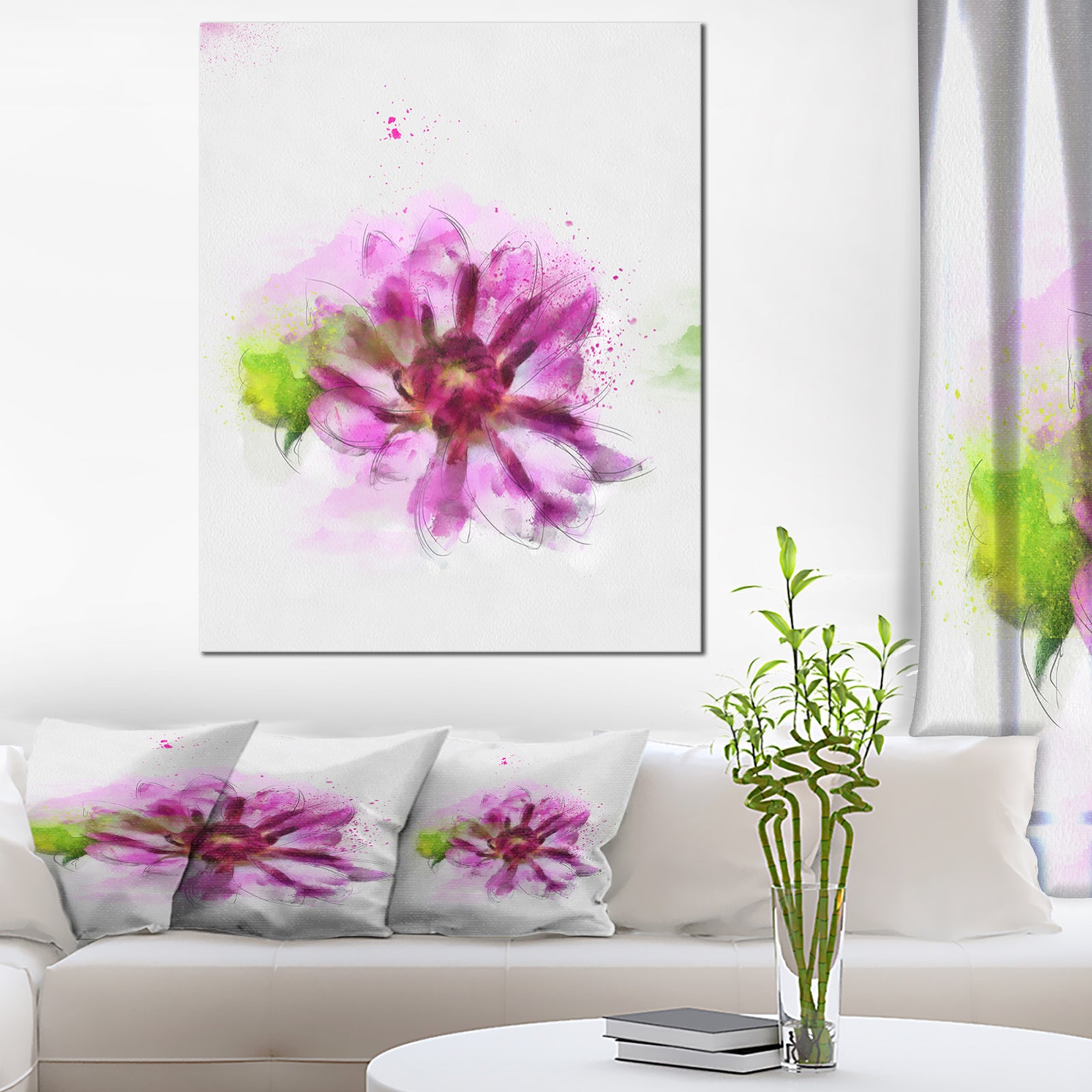 Purple Flower with Green Leaves - Extra Large Floral Canvas Art