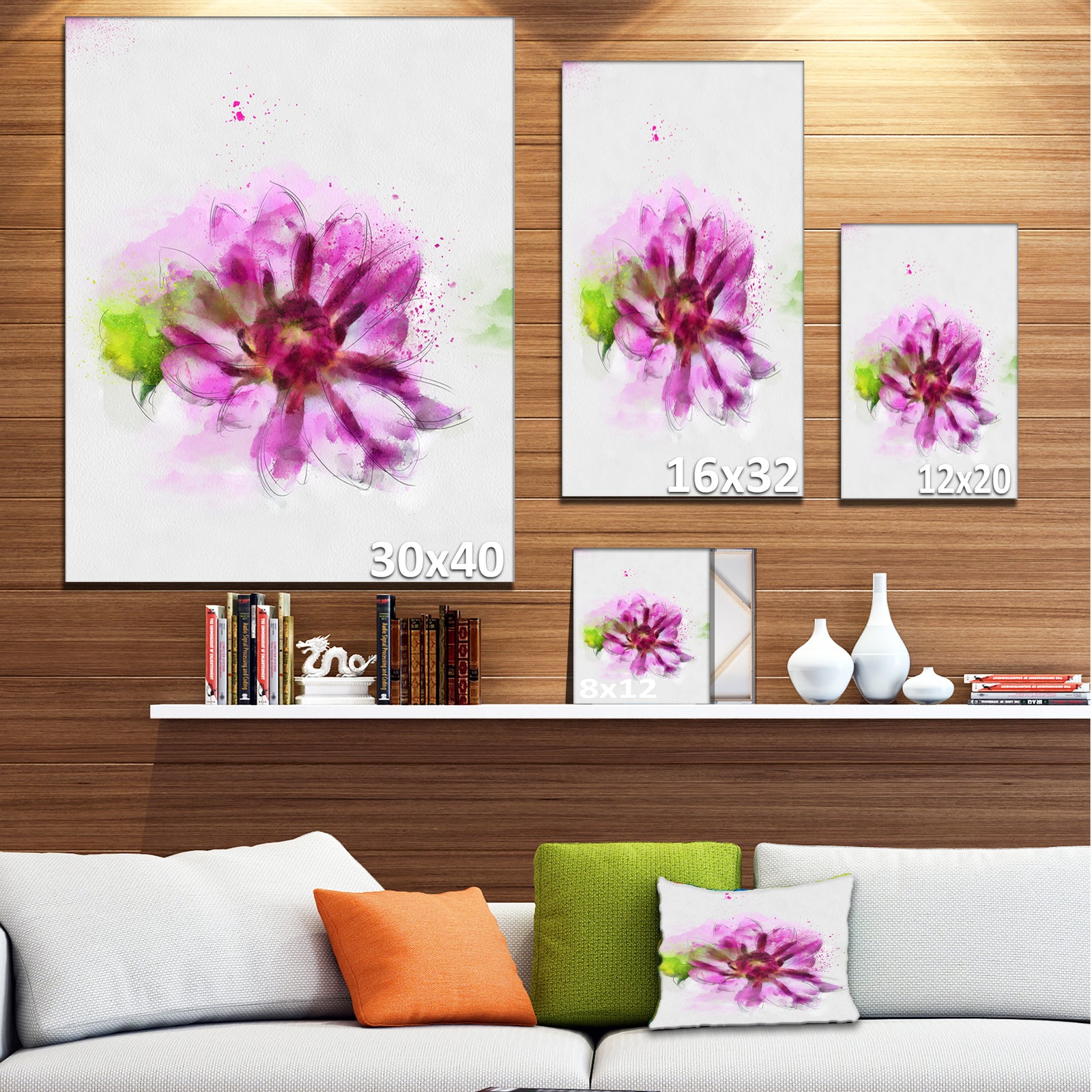 Purple Flower with Green Leaves - Extra Large Floral Canvas Art