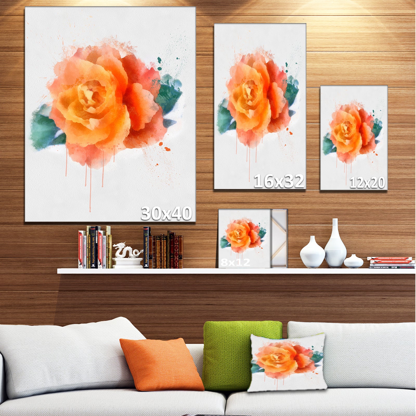 Orange Rose with Green Leaves - Extra Large Floral Canvas Art
