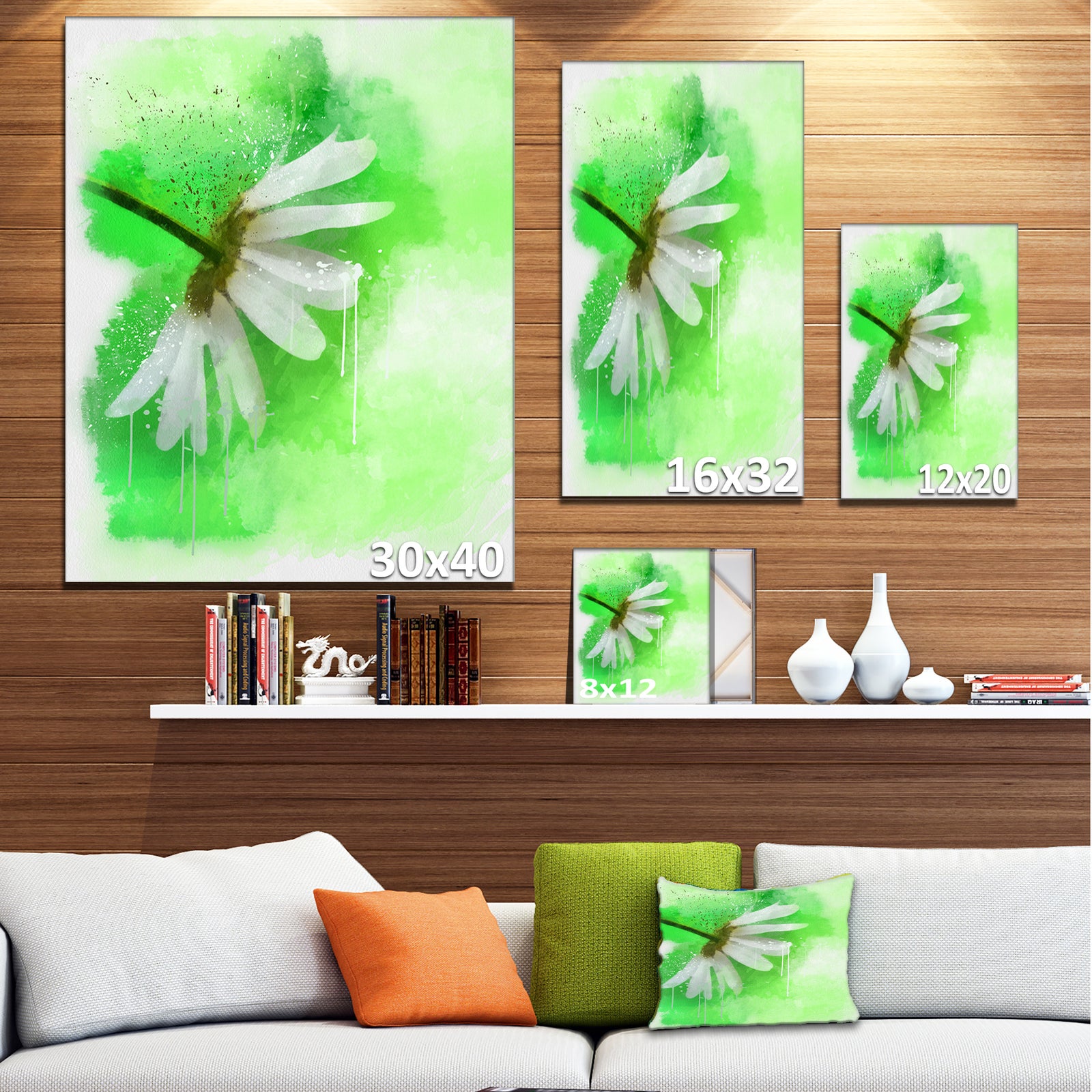 White Chamomile with Green Splashes - Extra Large Floral Canvas Art