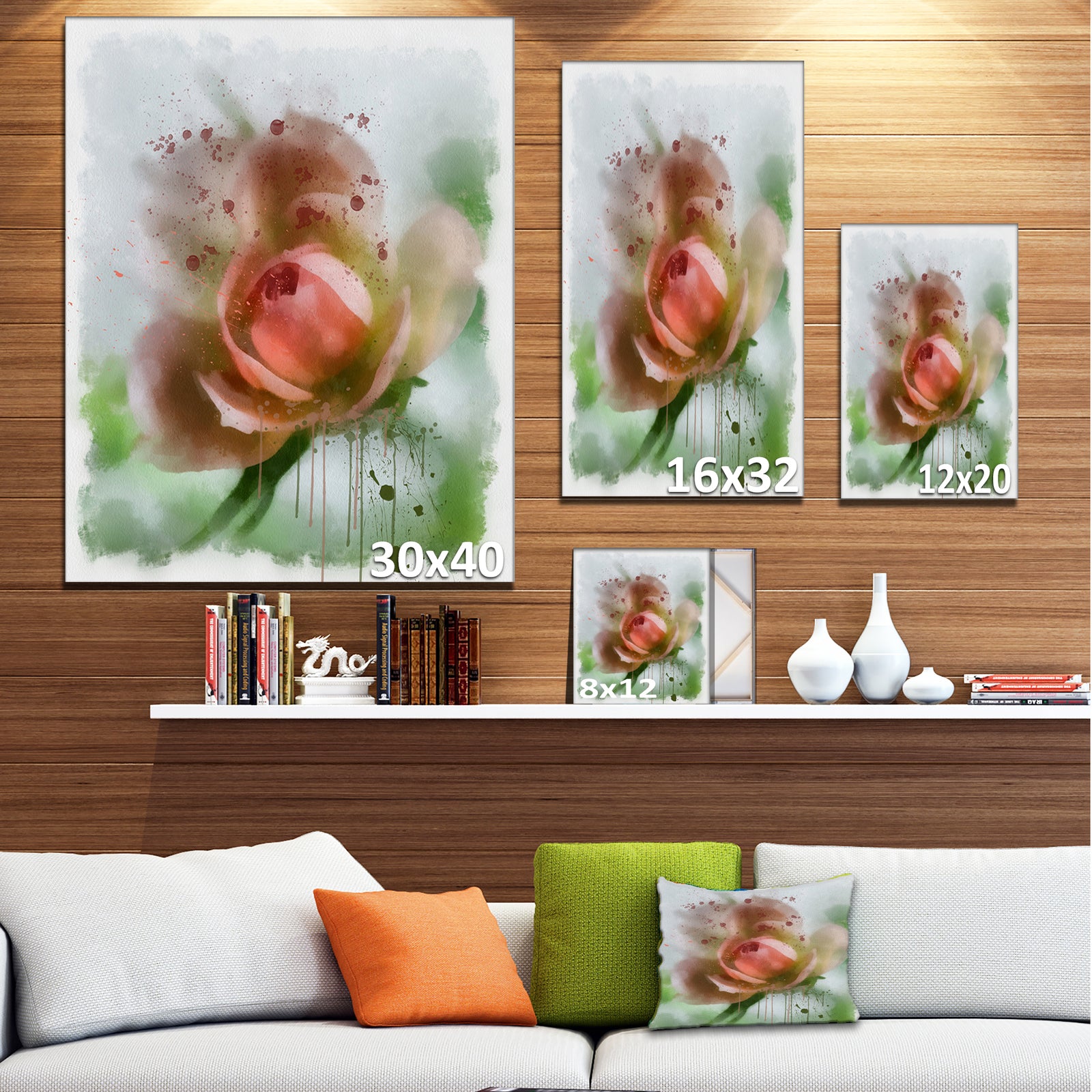 Pink Flower on Green Background - Extra Large Floral Canvas Art