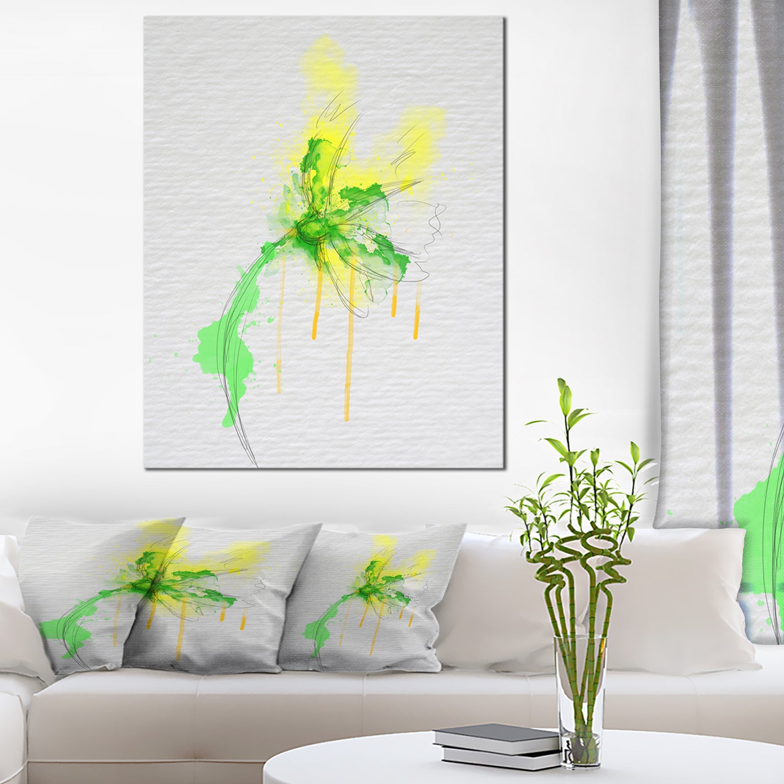 Beautiful Yellow Green Flower Sketch - Extra Large Floral Canvas Art