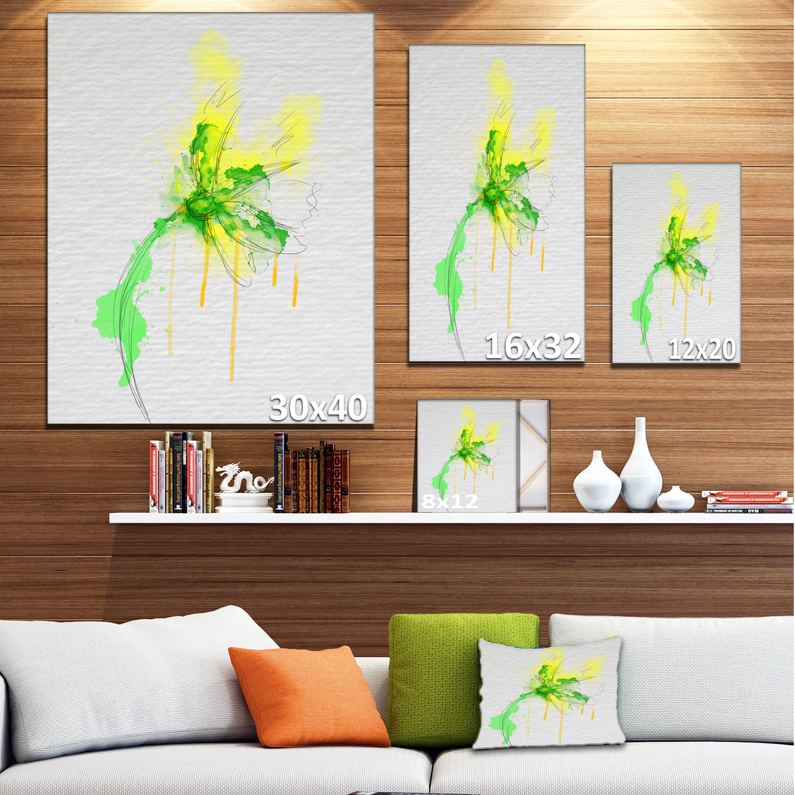 Beautiful Yellow Green Flower Sketch - Extra Large Floral Canvas Art