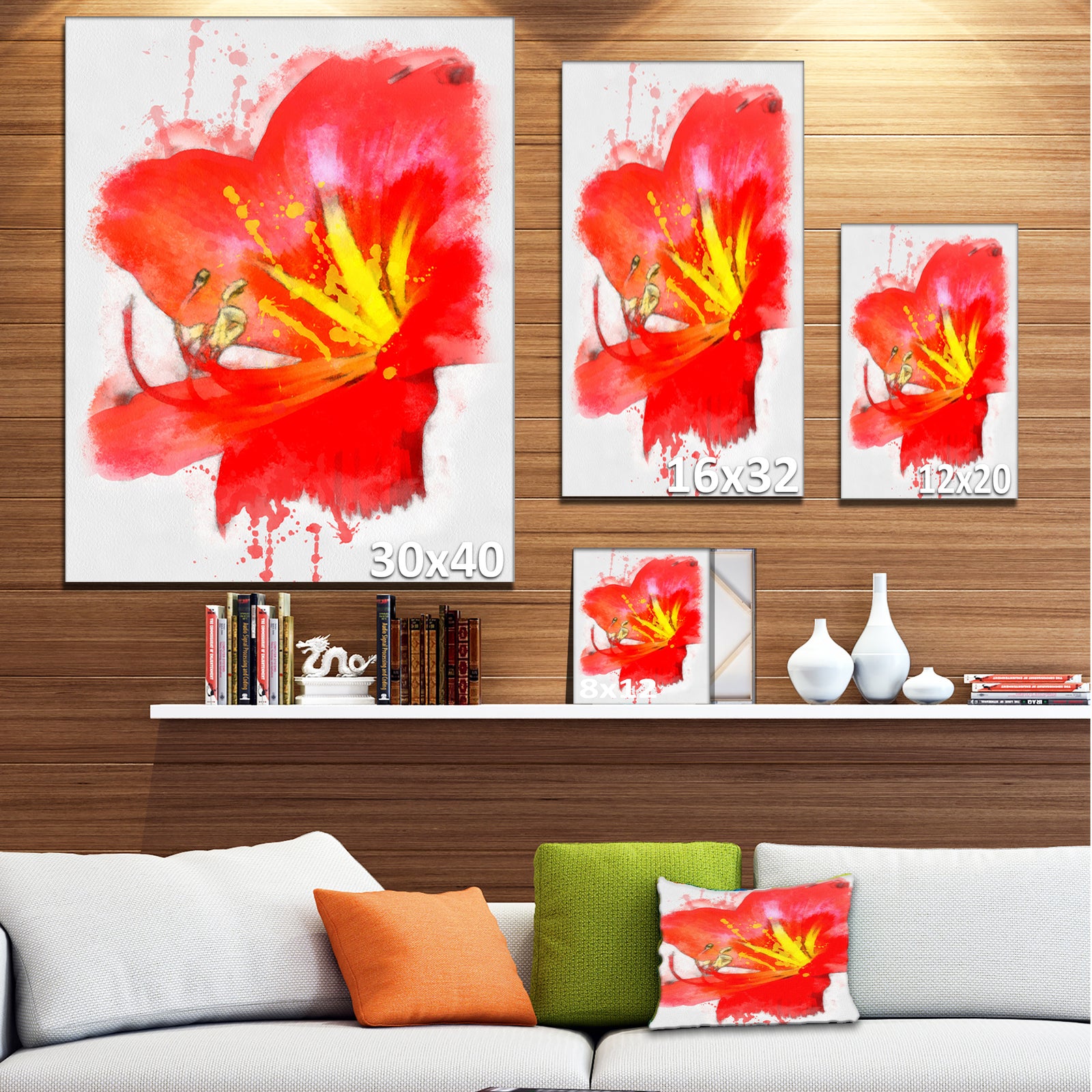 Bright Red Lily Illustration Art - Extra Large Floral Canvas Art