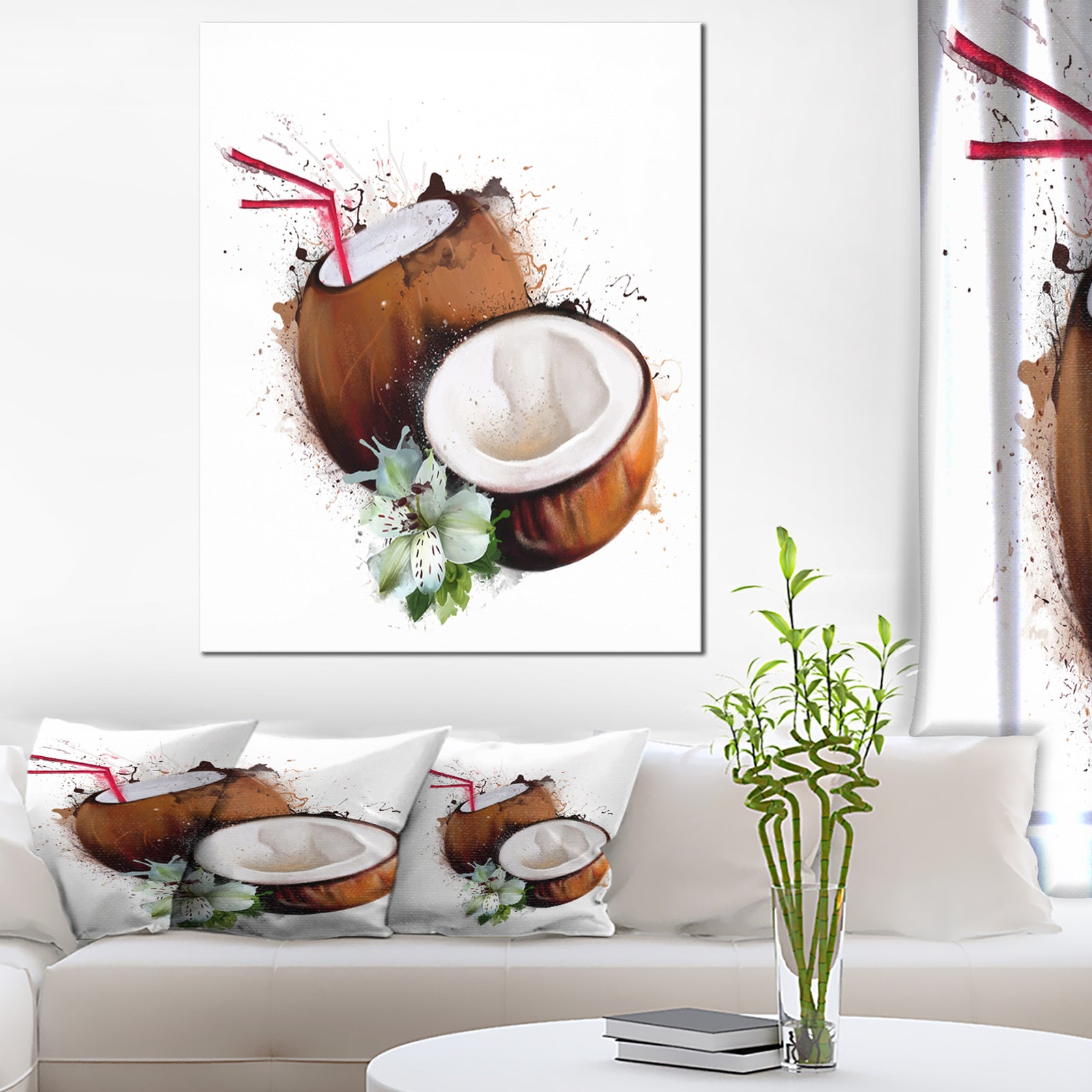 Coconuts with Straw Watercolor - Extra Large Floral Canvas Art