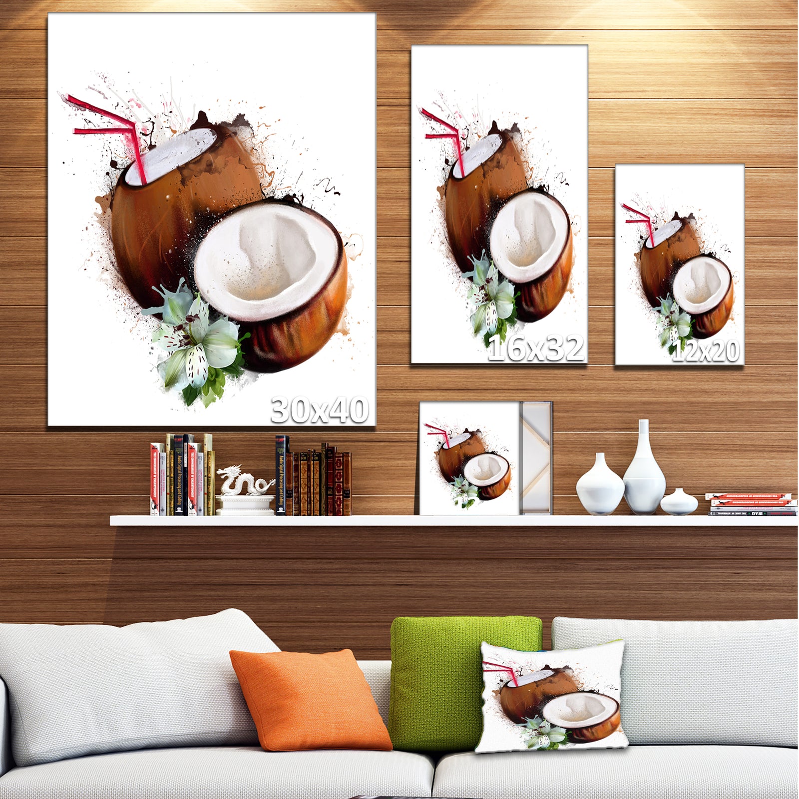 Coconuts with Straw Watercolor - Extra Large Floral Canvas Art