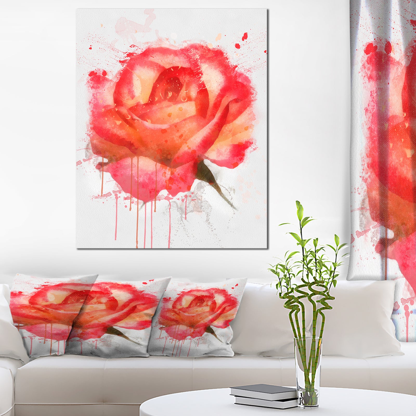 Red Rose Hand-drawn with Splashes - Extra Large Floral Canvas Art