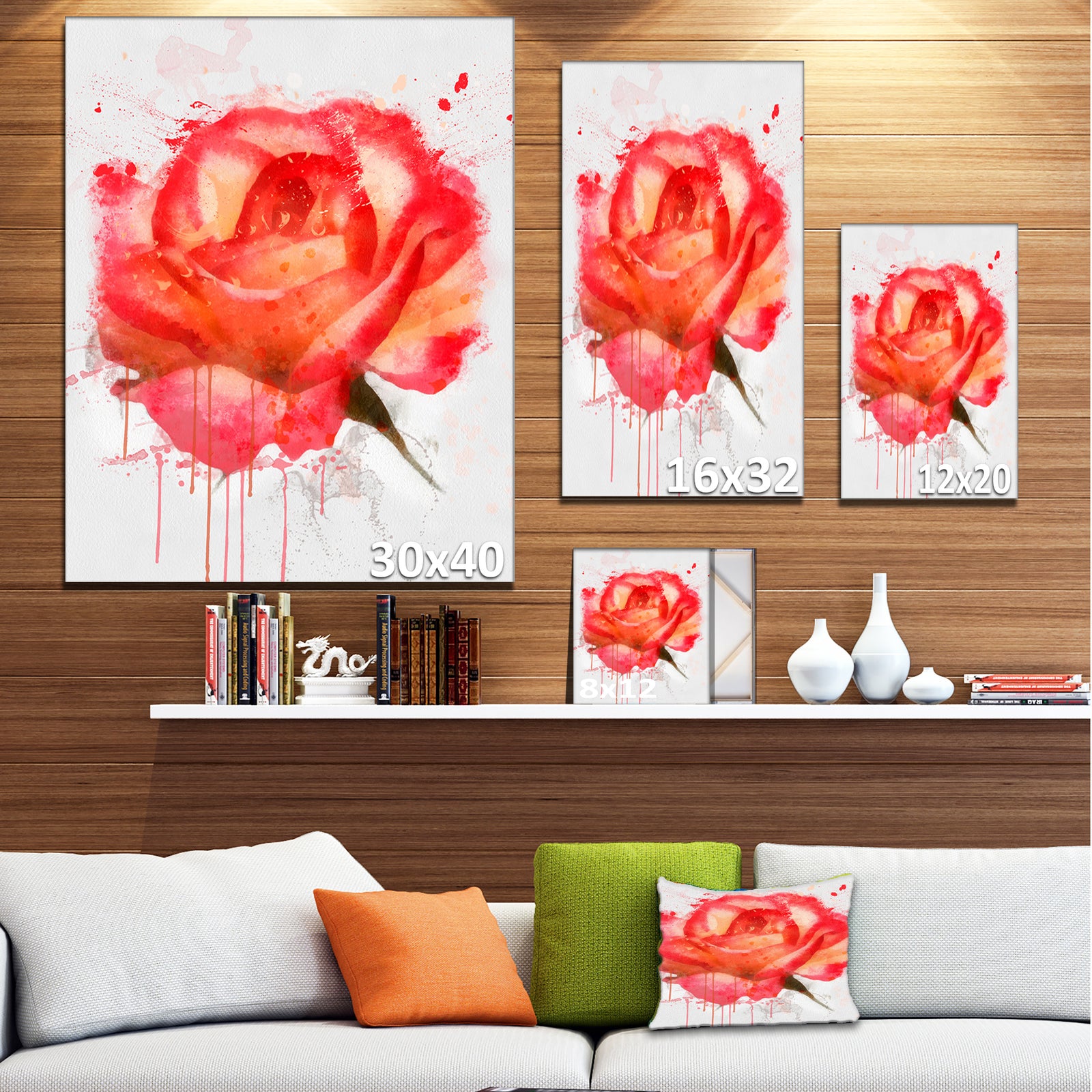 Red Rose Hand-drawn with Splashes - Extra Large Floral Canvas Art