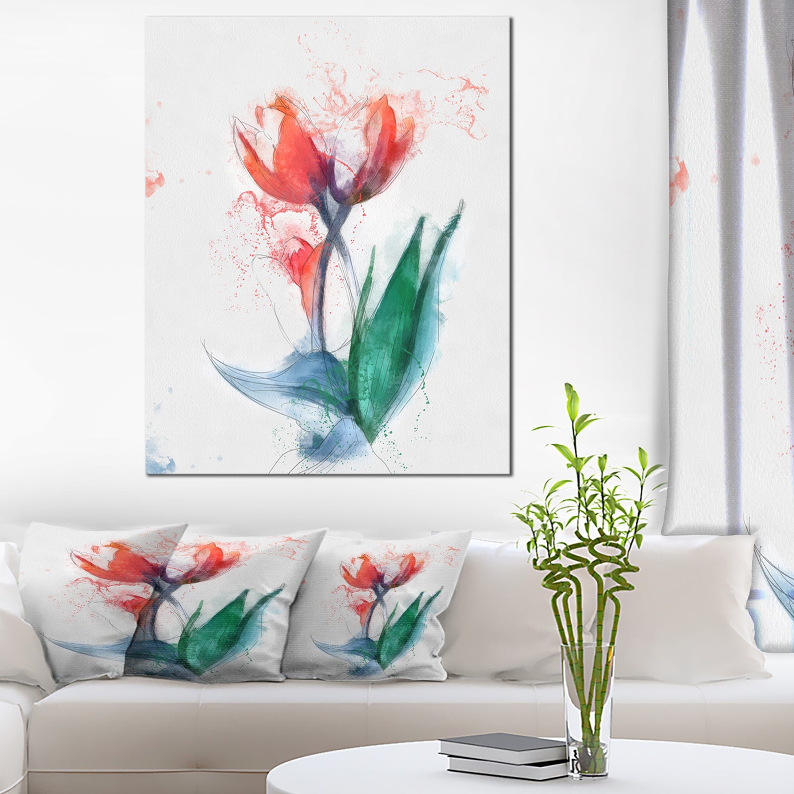 Red Hand-drawn Tulips Sketch - Extra Large Floral Canvas Art