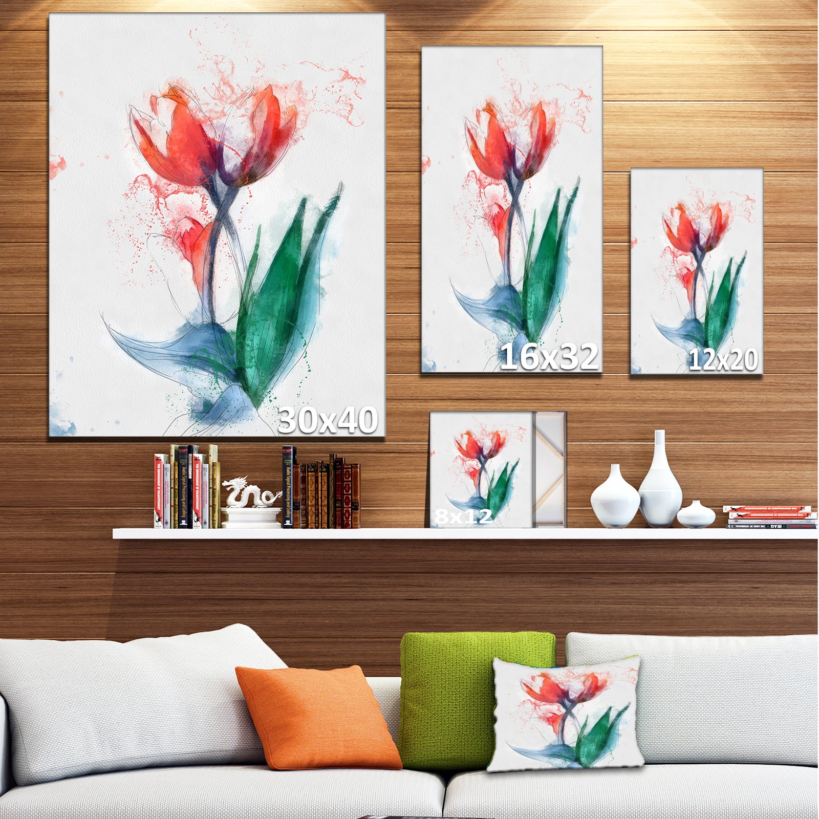 Red Hand-drawn Tulips Sketch - Extra Large Floral Canvas Art