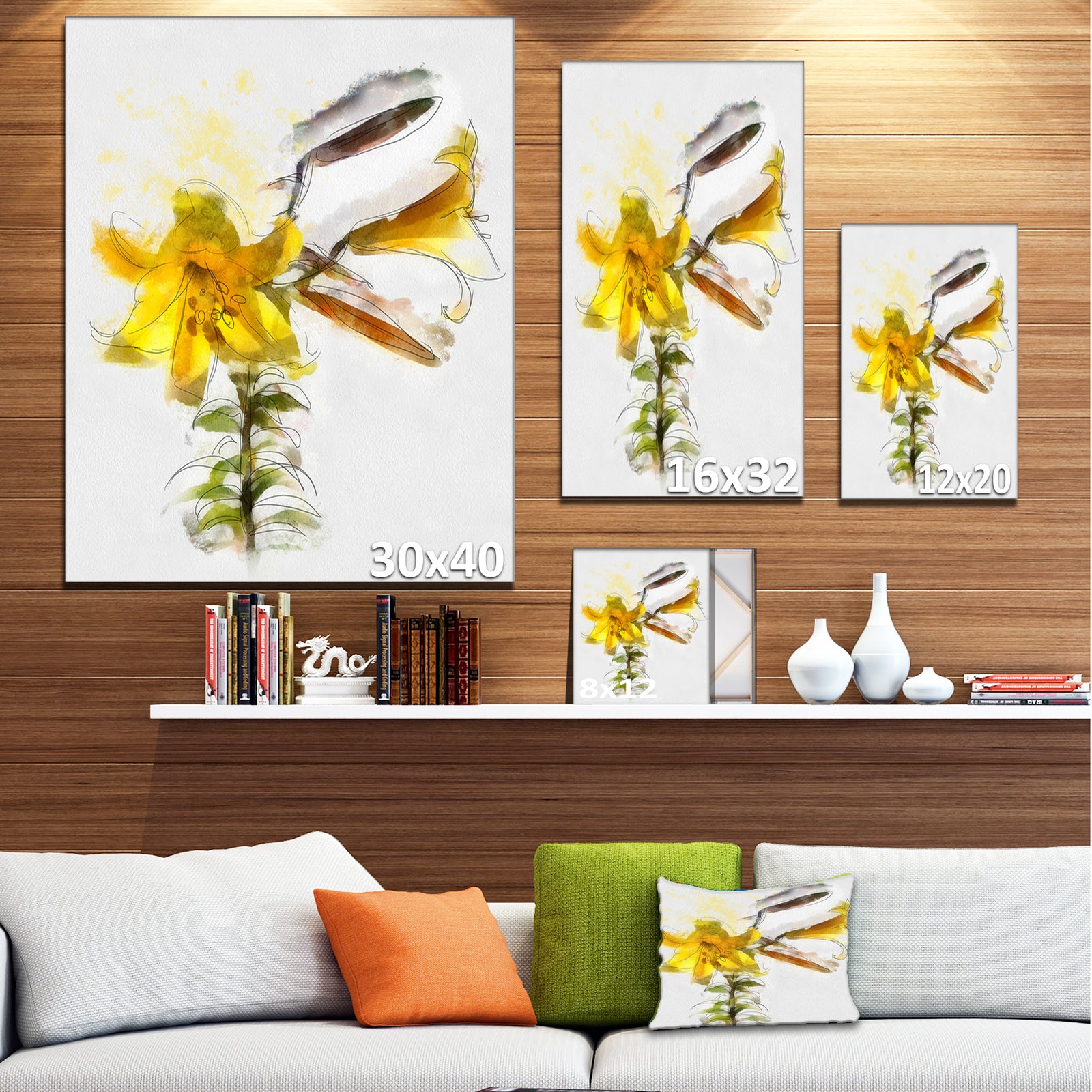 Yellow Tulip Stem with Leaves - Extra Large Floral Canvas Art