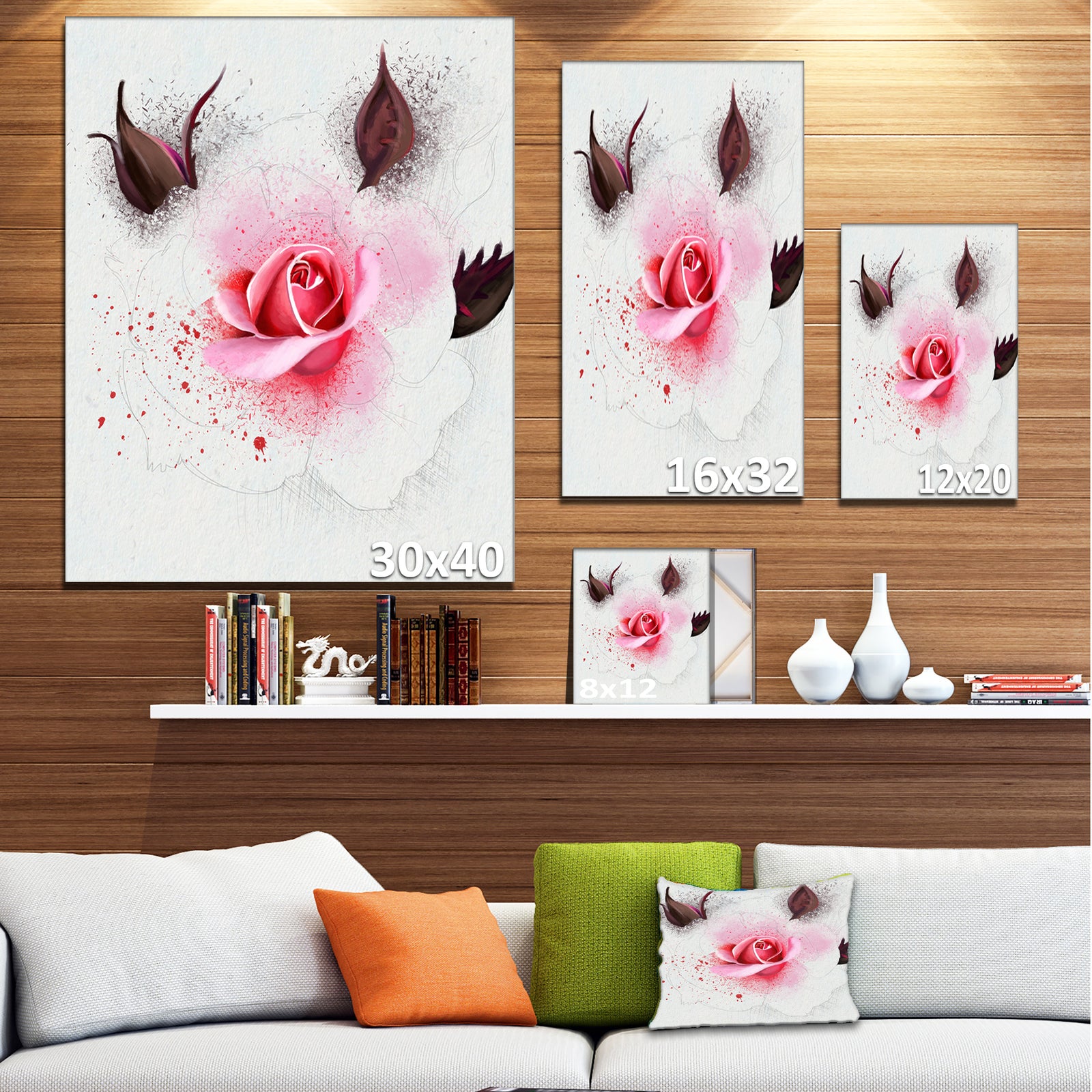 Watercolor Rose with Brown Buds - Extra Large Floral Canvas Art