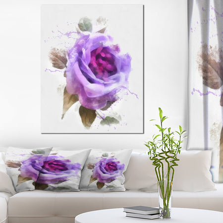 Watercolor Purple Rose with Leaves - Floral Canvas Artwork Print