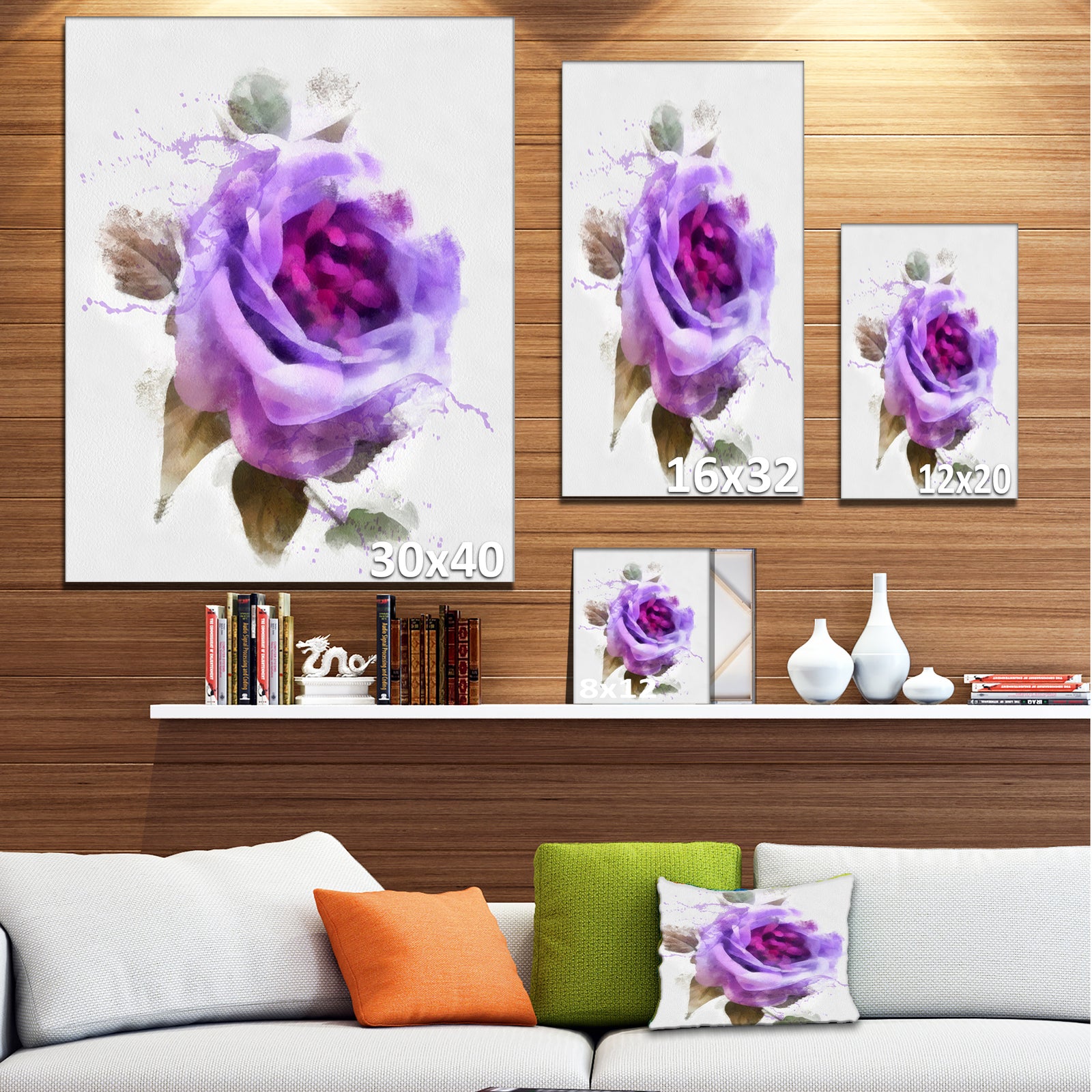 Watercolor Purple Rose with Leaves - Floral Canvas Artwork Print