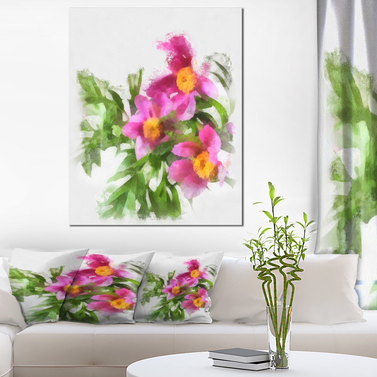 Watercolor Pink Woody Peonies - Floral Canvas Artwork Print