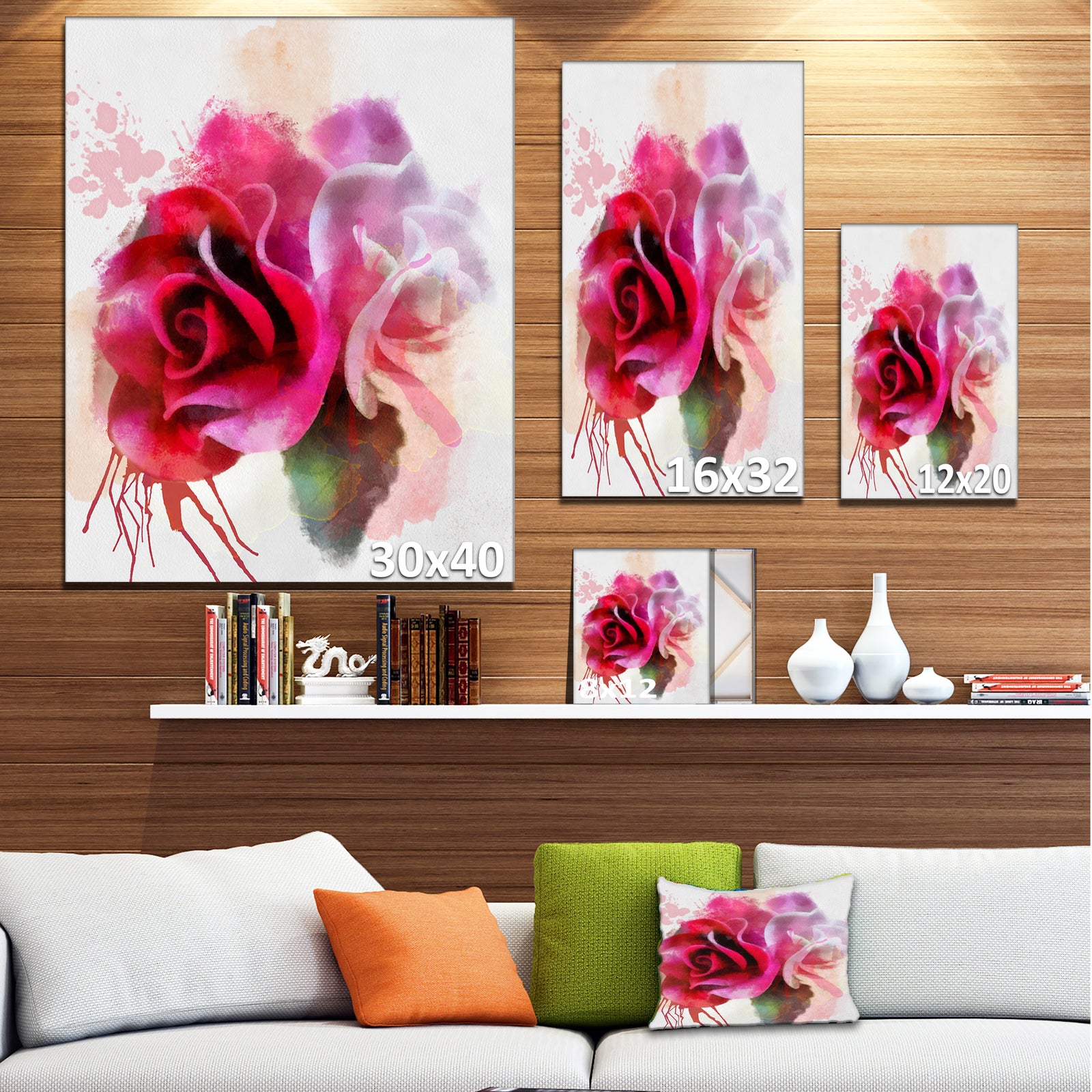 White Red Roses with Color Splashes - Floral Canvas Artwork Print