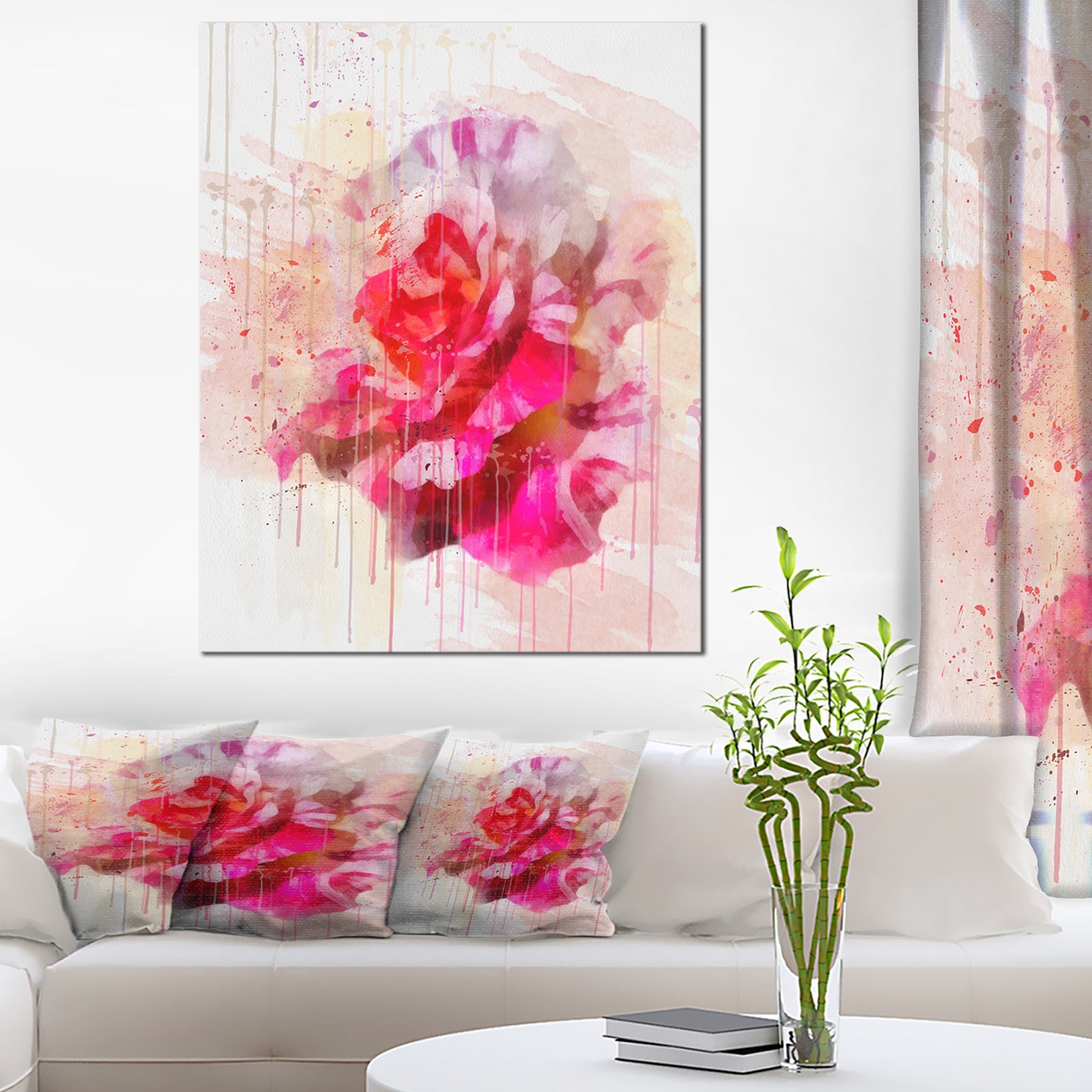 Red Rose with Watercolor Splashes - Floral Canvas Artwork Print