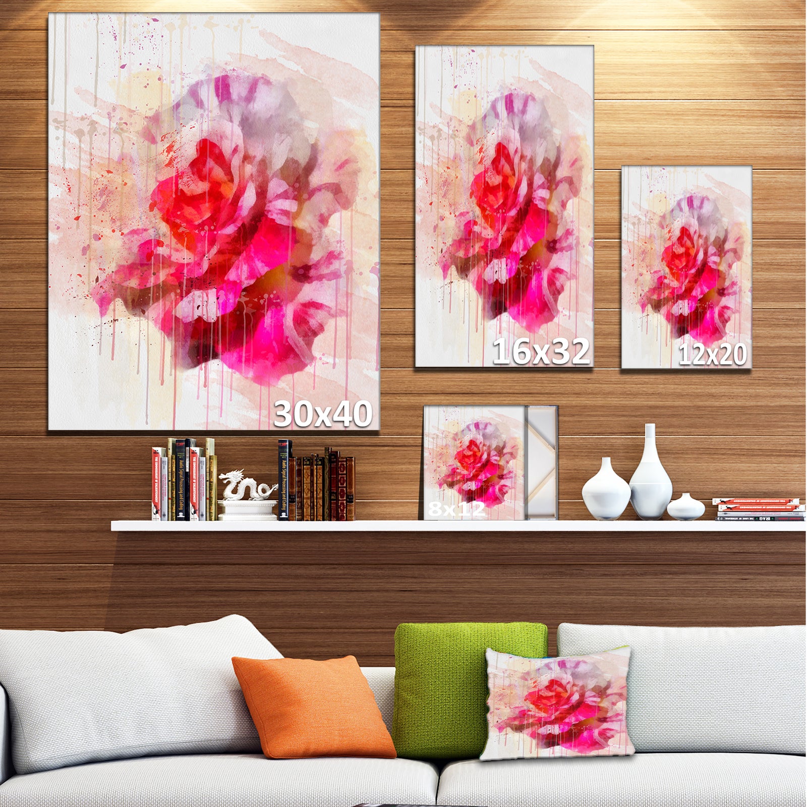 Red Rose with Watercolor Splashes - Floral Canvas Artwork Print