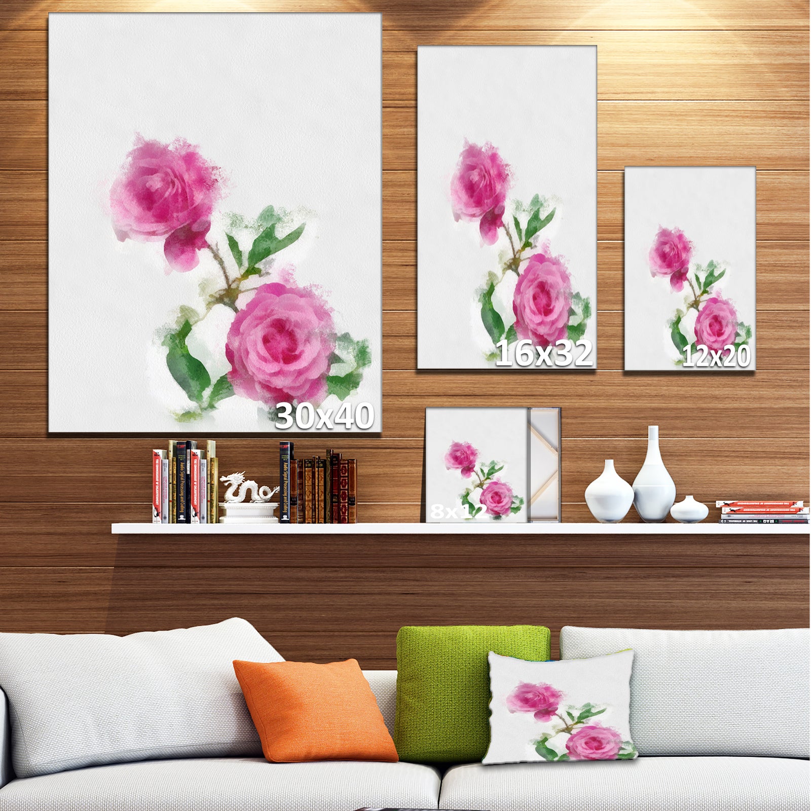 Rose Stem with Pair of Roses - Floral Canvas Artwork Print