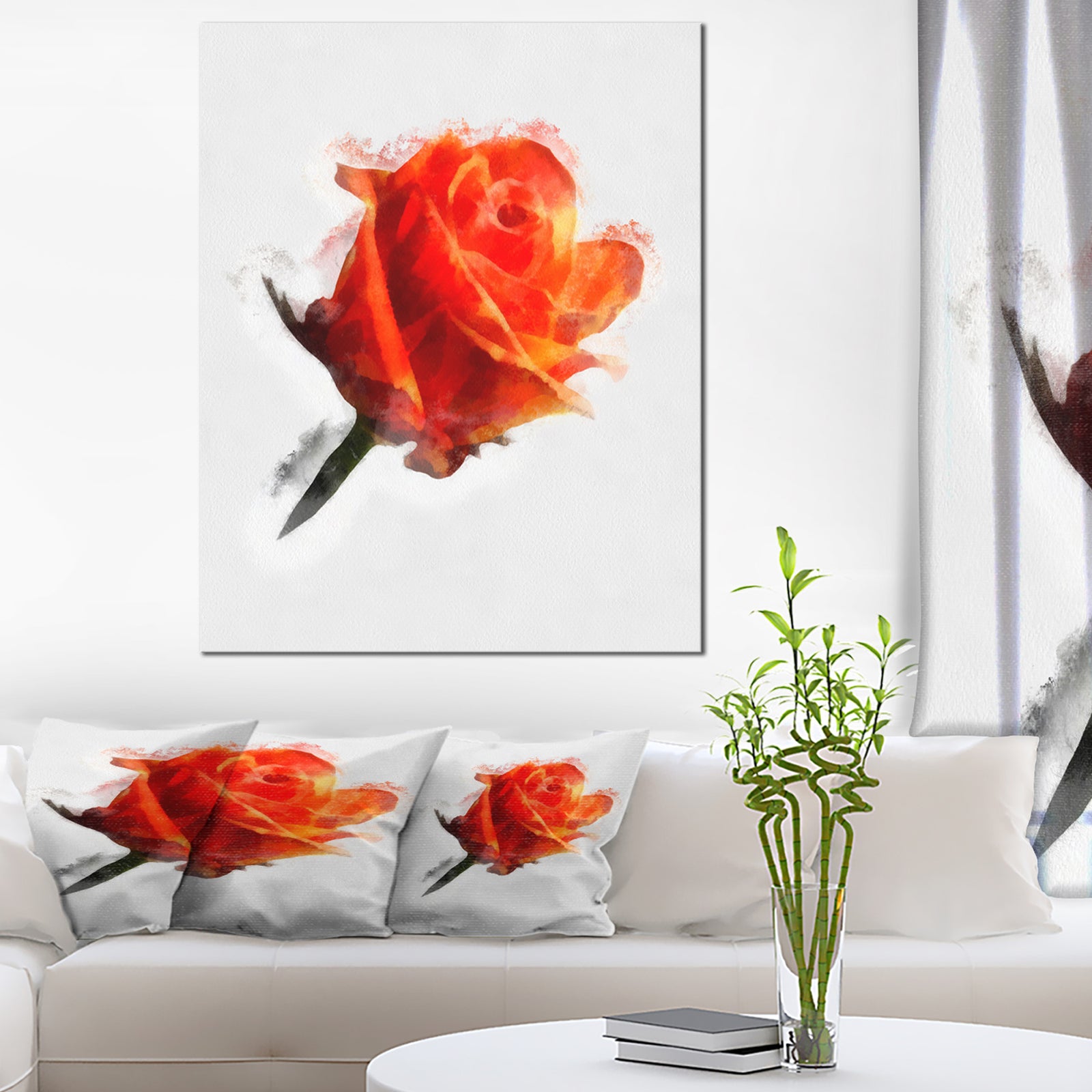 Red Rose Drawing with Watercolor - Floral Canvas Artwork Print