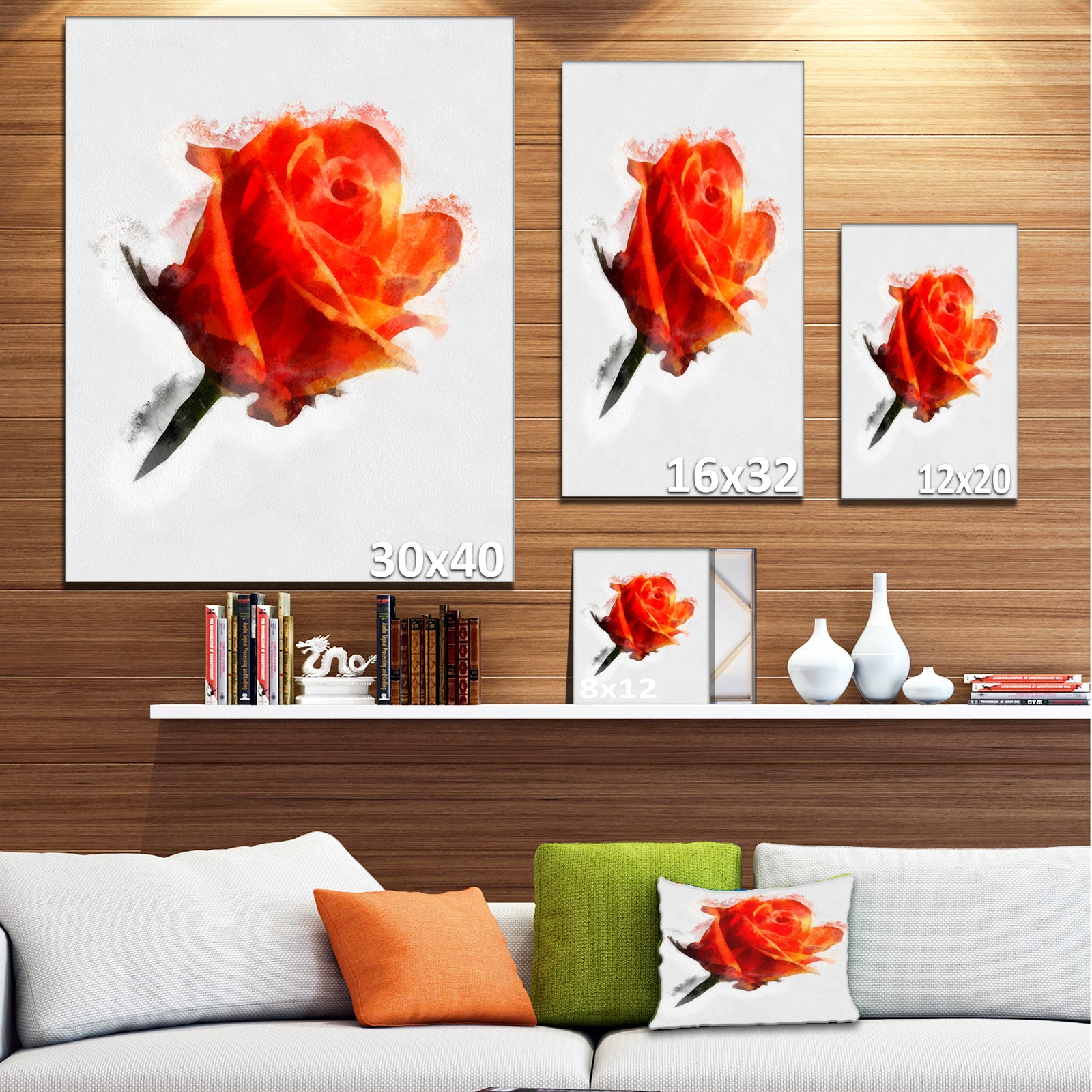 Red Rose Drawing with Watercolor - Floral Canvas Artwork Print