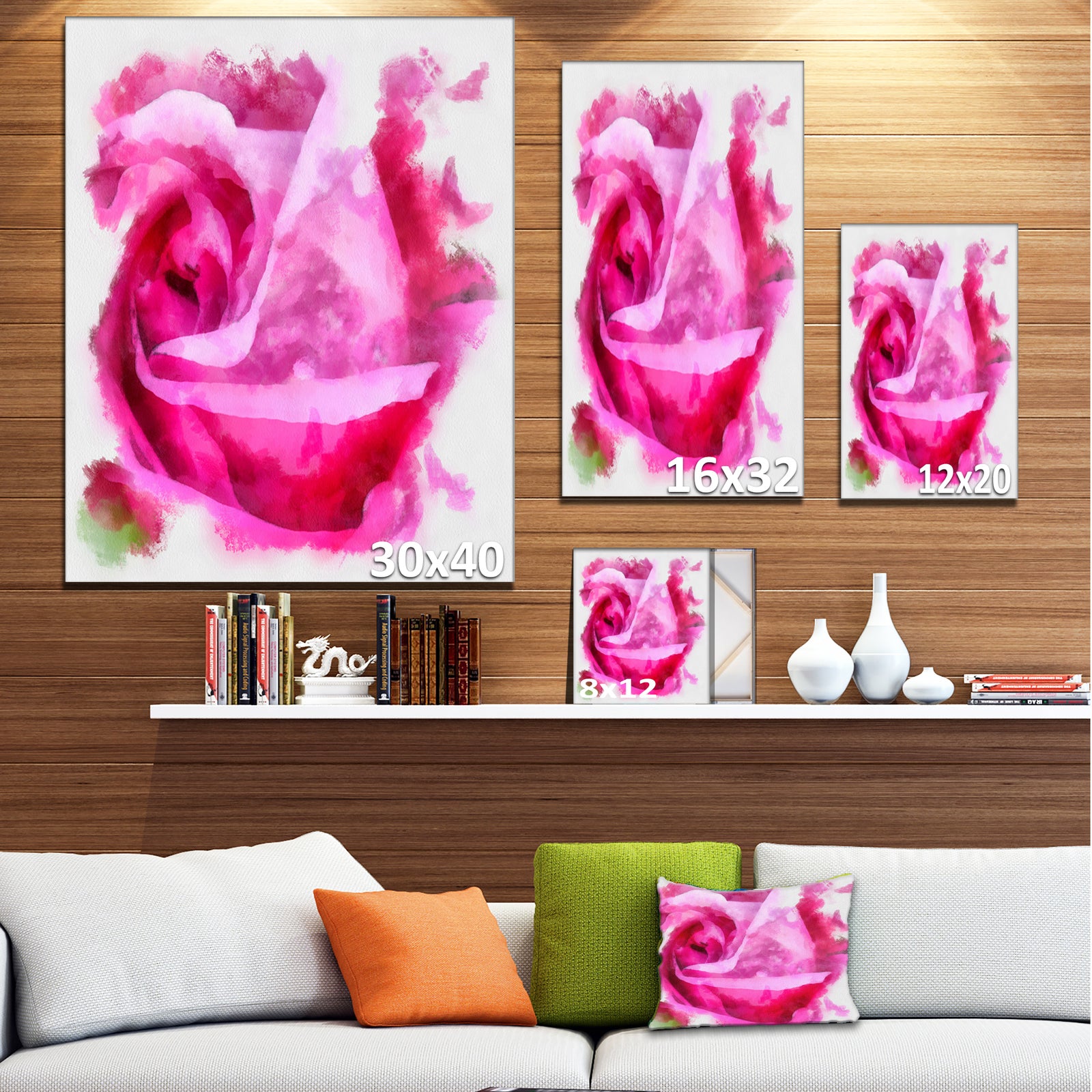 Bloomy Pink Rose Watercolor Drawing - Floral Canvas Artwork Print