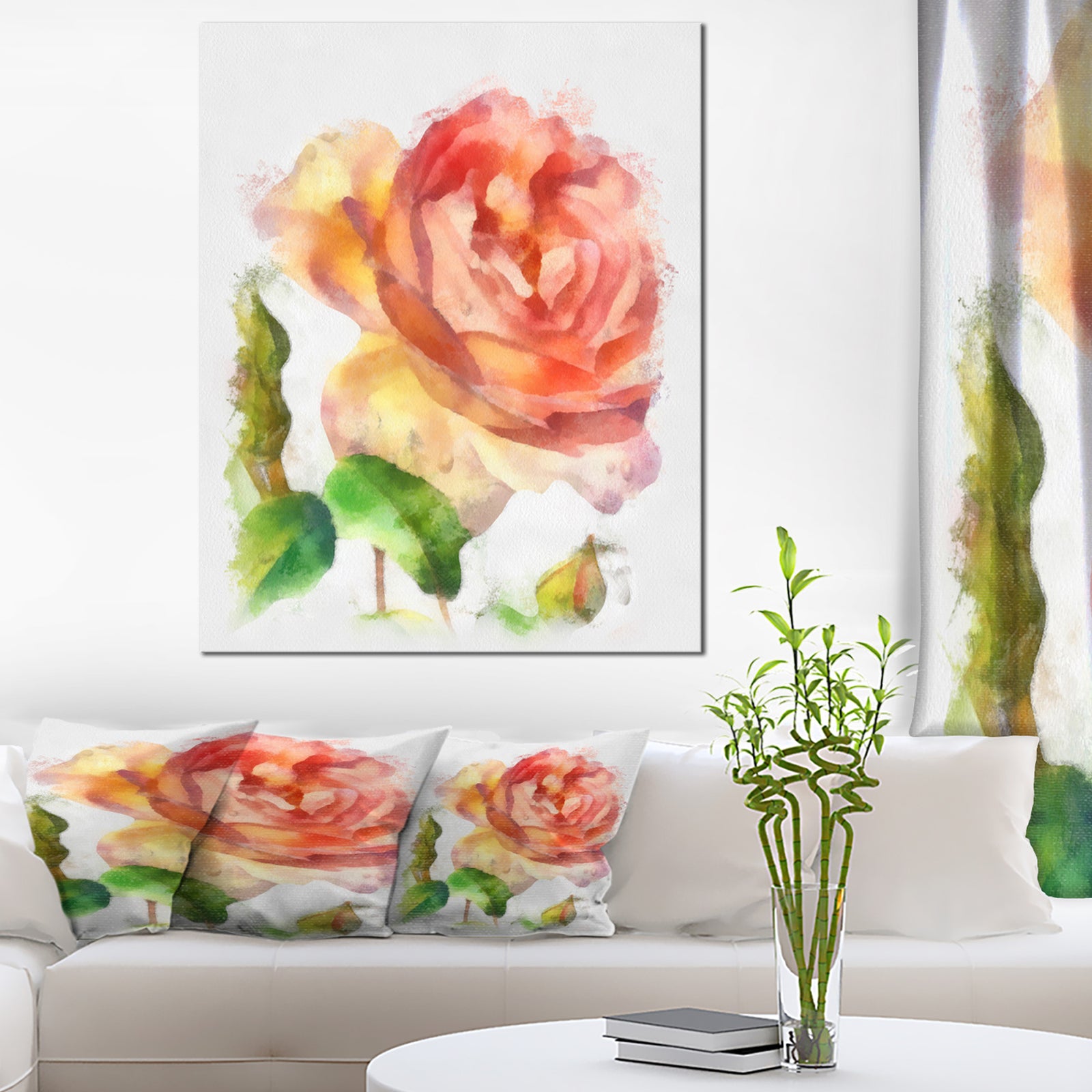 Bloomy Red Rose Watercolor Drawing - Floral Canvas Artwork Print