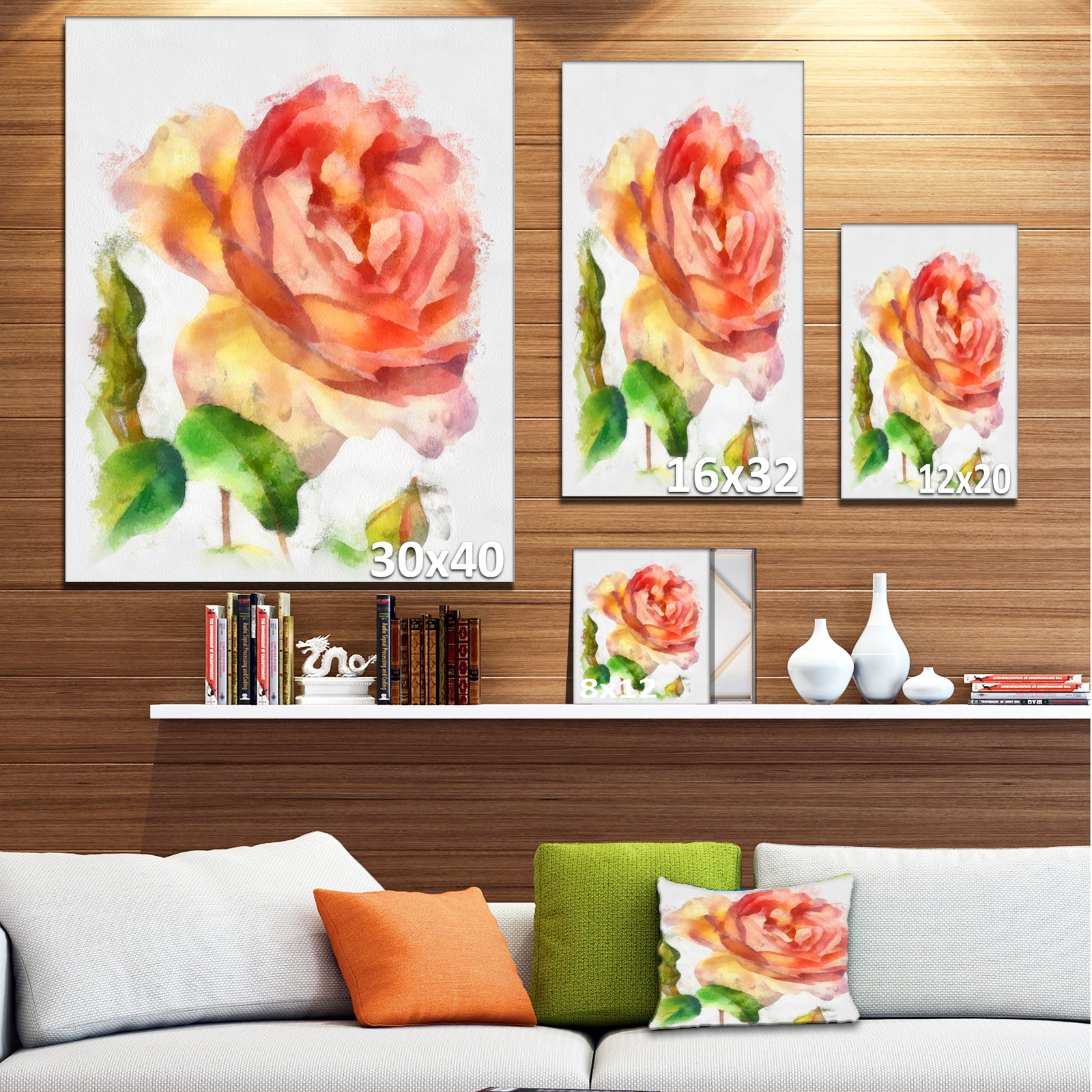 Bloomy Red Rose Watercolor Drawing - Floral Canvas Artwork Print