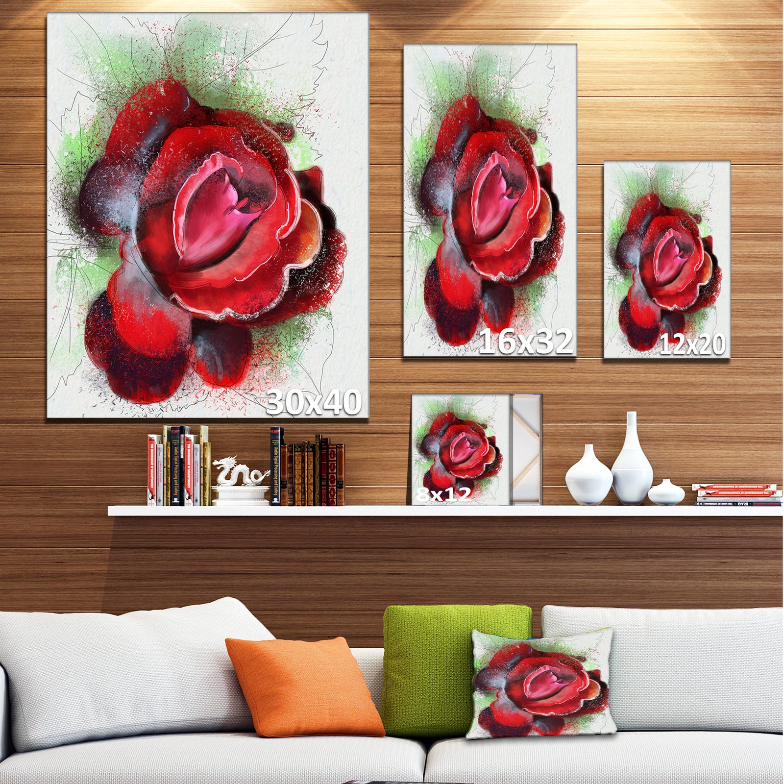 Beautiful Red Rose with Green Shade - Floral Canvas Artwork Print