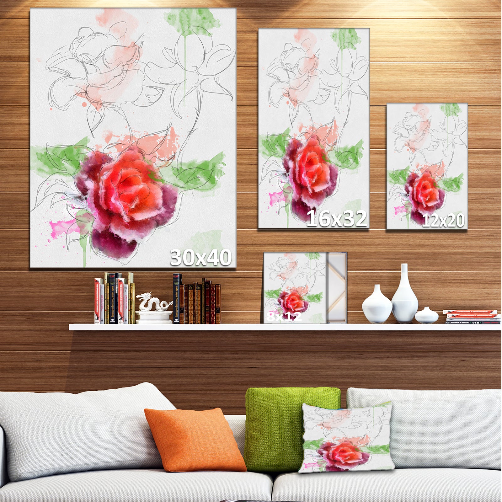 Beautiful Rose with Rose Sketches - Floral Canvas Artwork Print