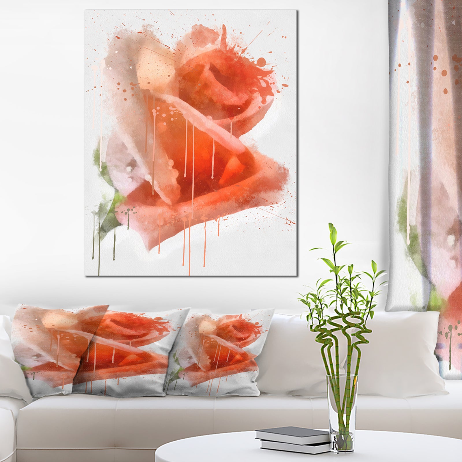 Red Rose Painting with Splashes - Floral Canvas Artwork Print