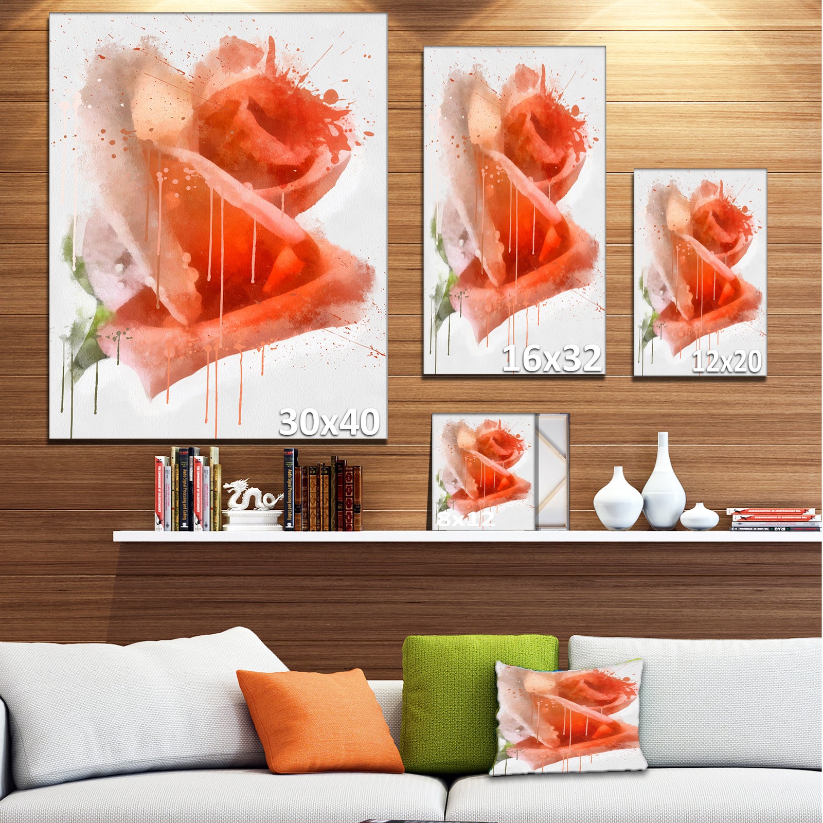 Red Rose Painting with Splashes - Floral Canvas Artwork Print