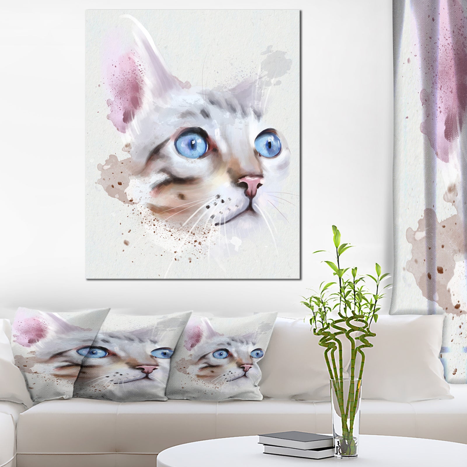 Cat with Blue Eyes Watercolor - Modern Animal Canvas Wall Art