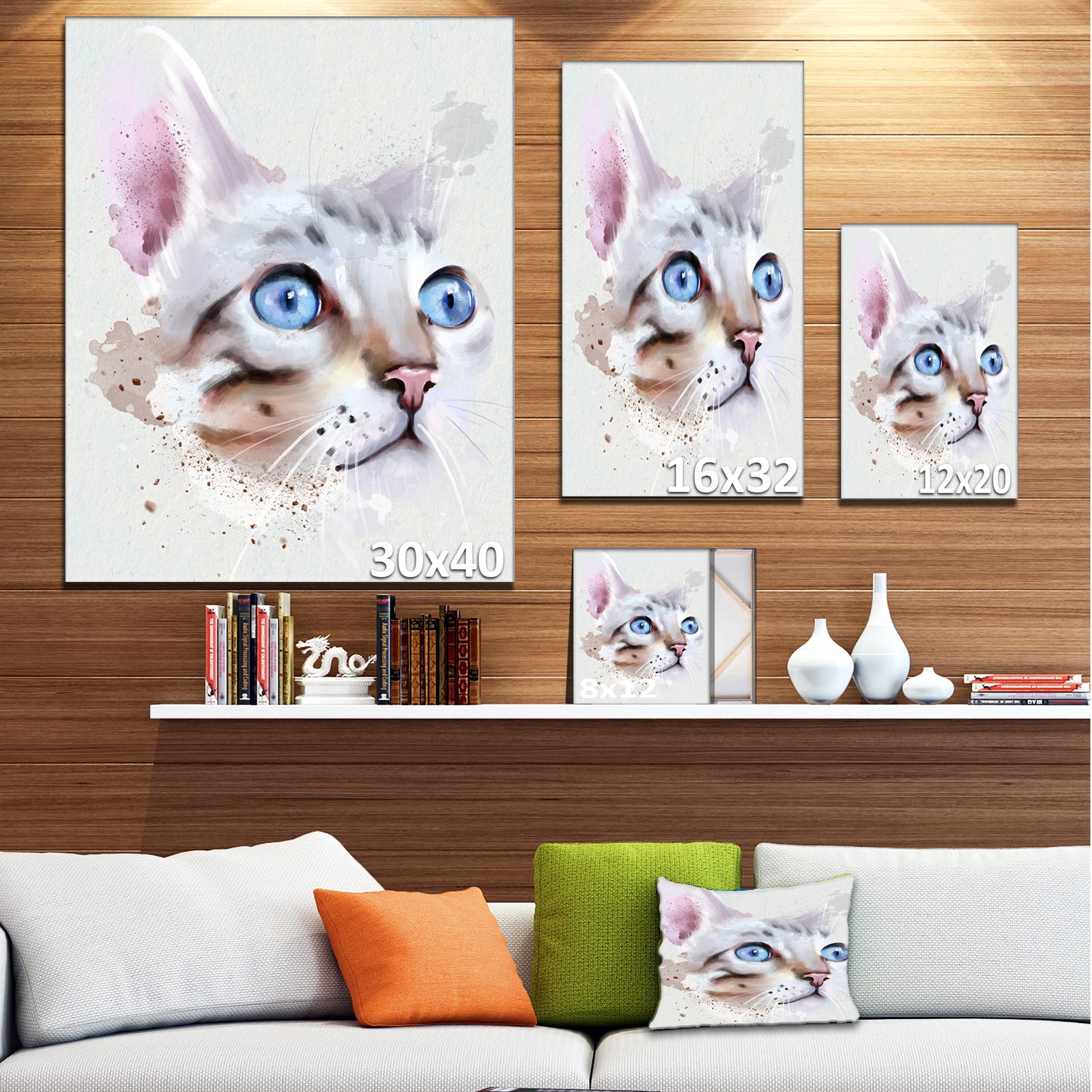 Cat with Blue Eyes Watercolor - Modern Animal Canvas Wall Art