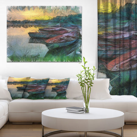 Fishing Boats by River Watercolor - Landscape Canvas Wall Art