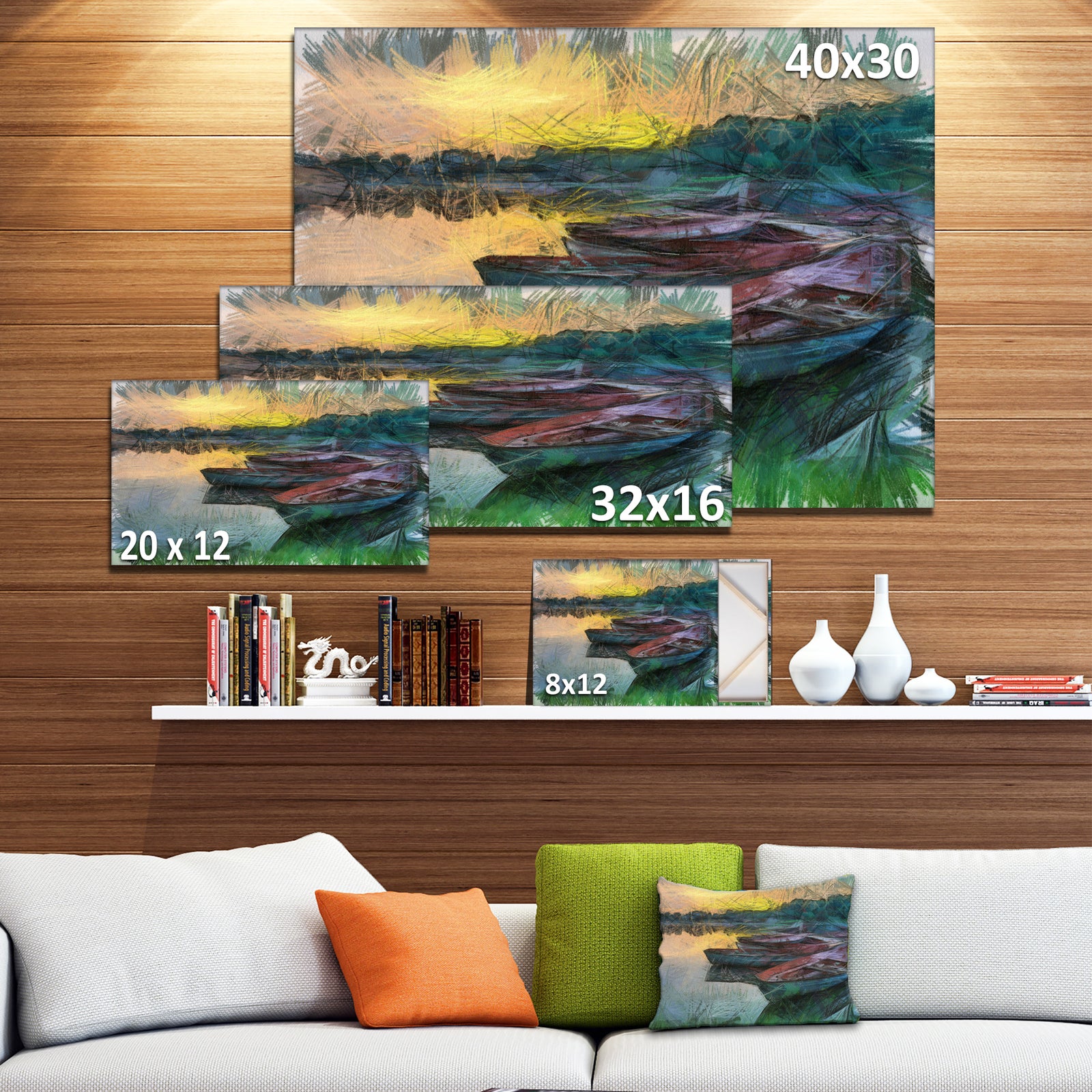 Fishing Boats by River Watercolor - Landscape Canvas Wall Art
