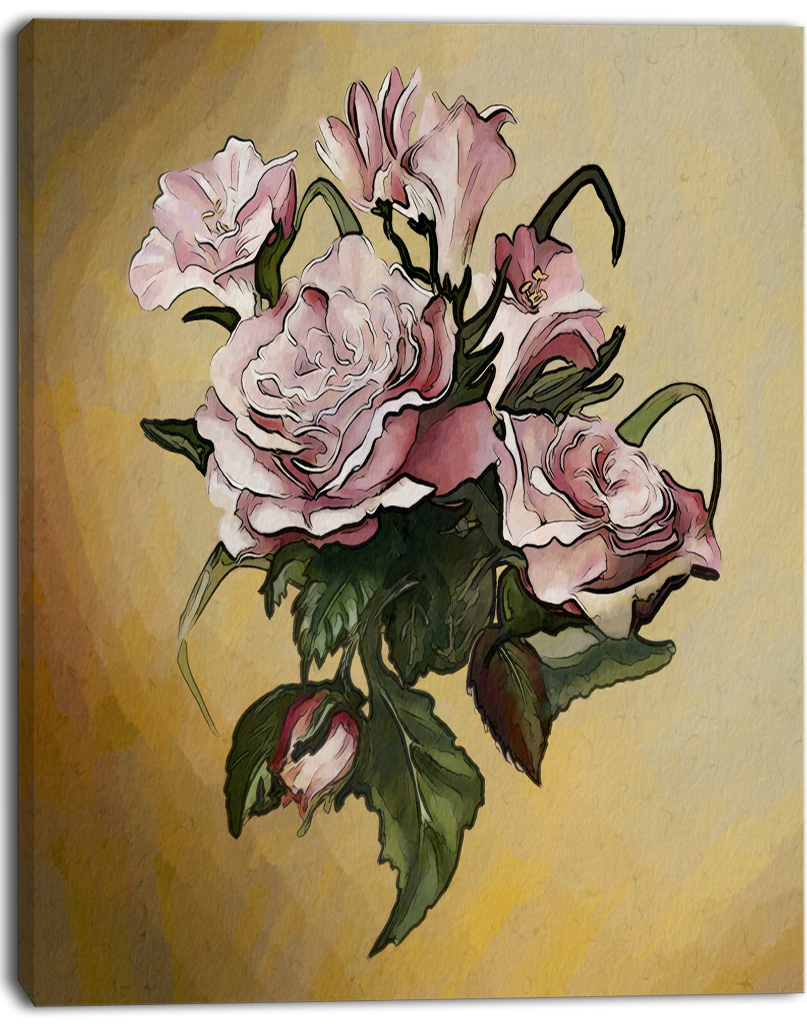 Pink Rose with Leaves Watercolor - Floral Canvas Artwork Print